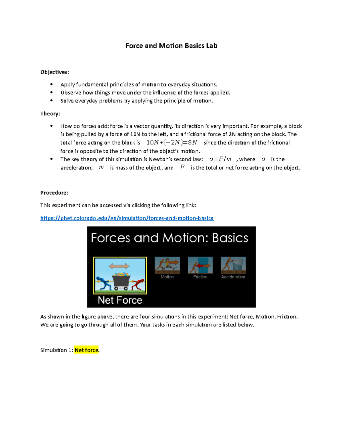 Lab 2 Velocity Lab [Force and Motion] - Force and Motion Basics Lab ...