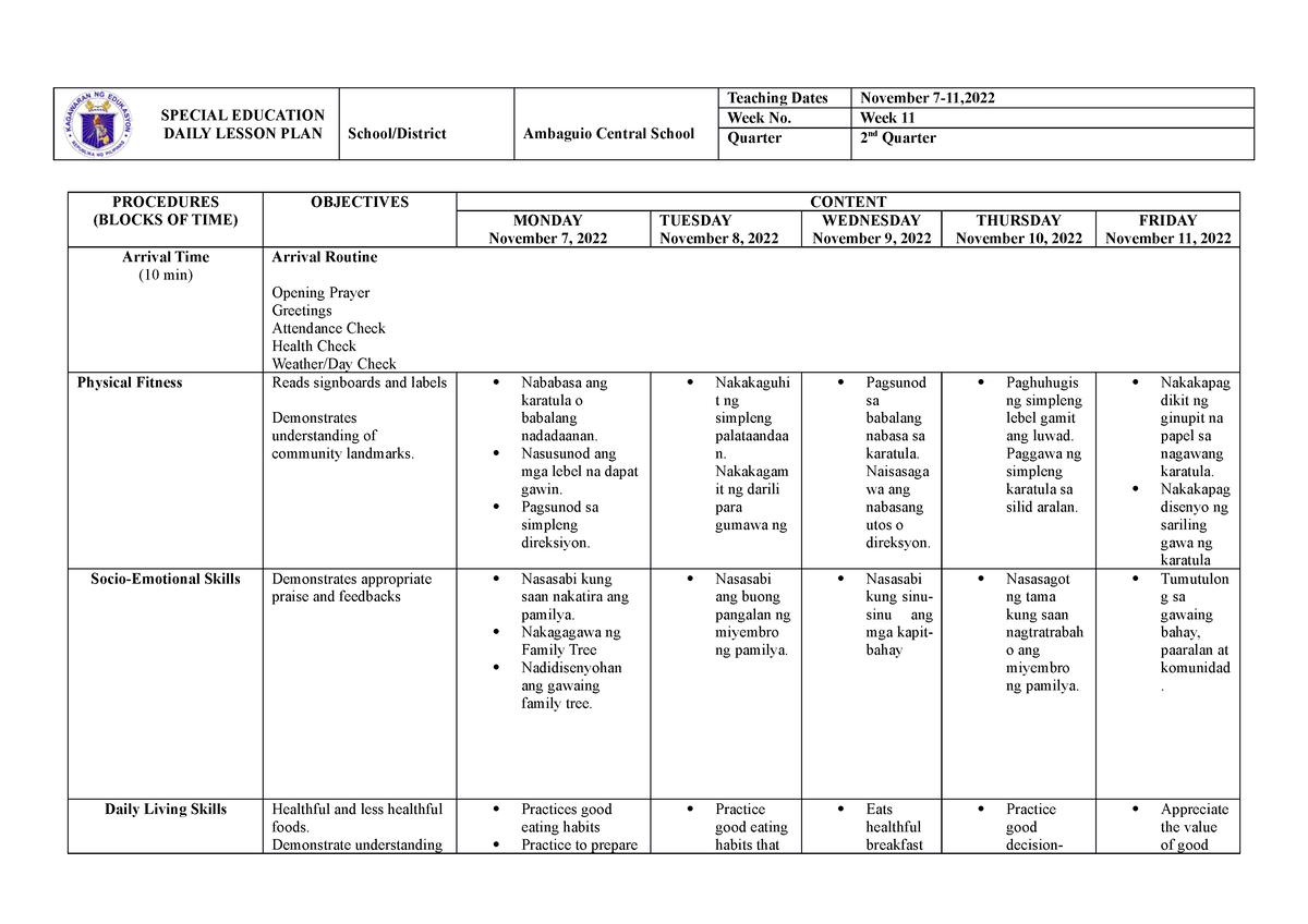 DLL-Week 7 NEW Format-1 - SPECIAL EDUCATION DAILY LESSON PLAN School ...