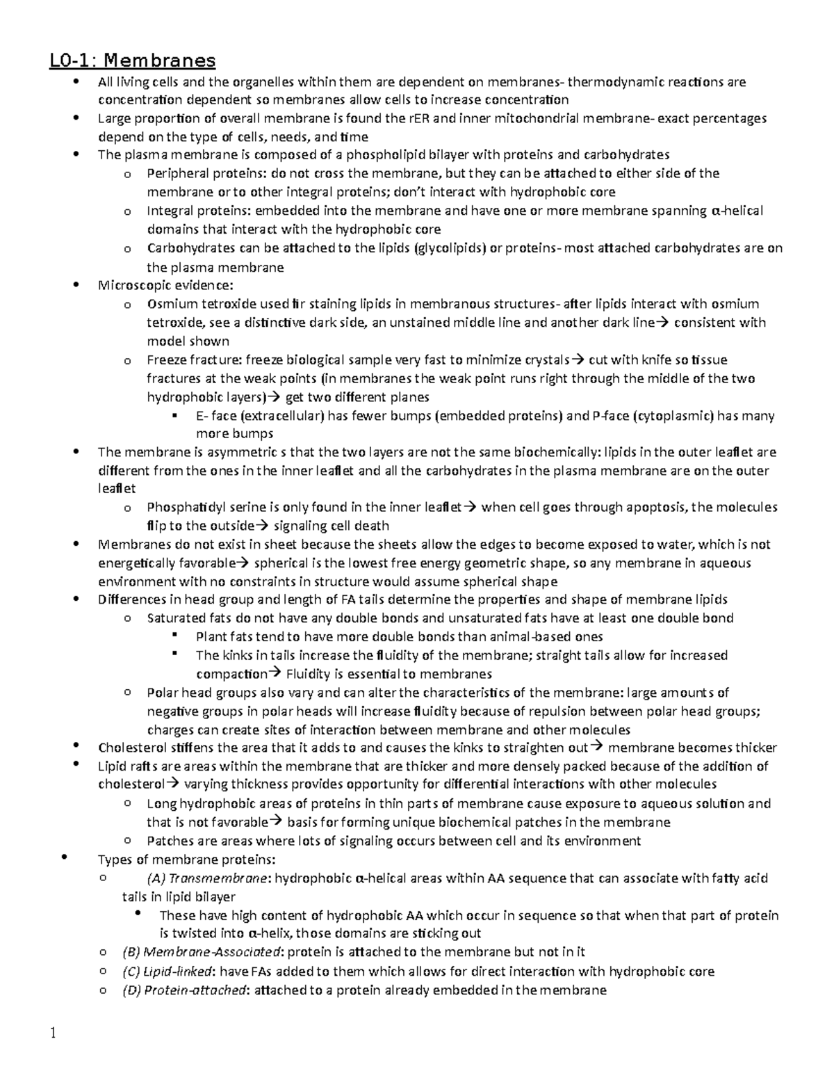 Bio 2960 Full Notes - L0-1: Membranes All living cells and the ...