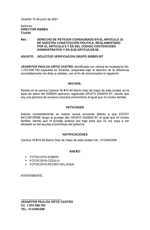 Carta de Inconformidad declarada del sisben - Girardot 15 de junio de 2021  Señores: DIRECTOR SISBEN - Studocu