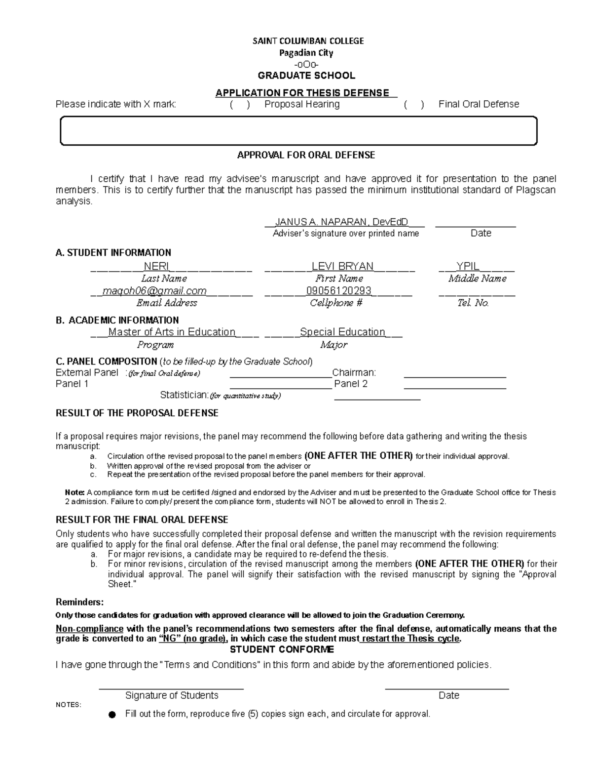 Revised Oral Defense Application Form Short 1 - SAINT COLUMBAN COLLEGE ...