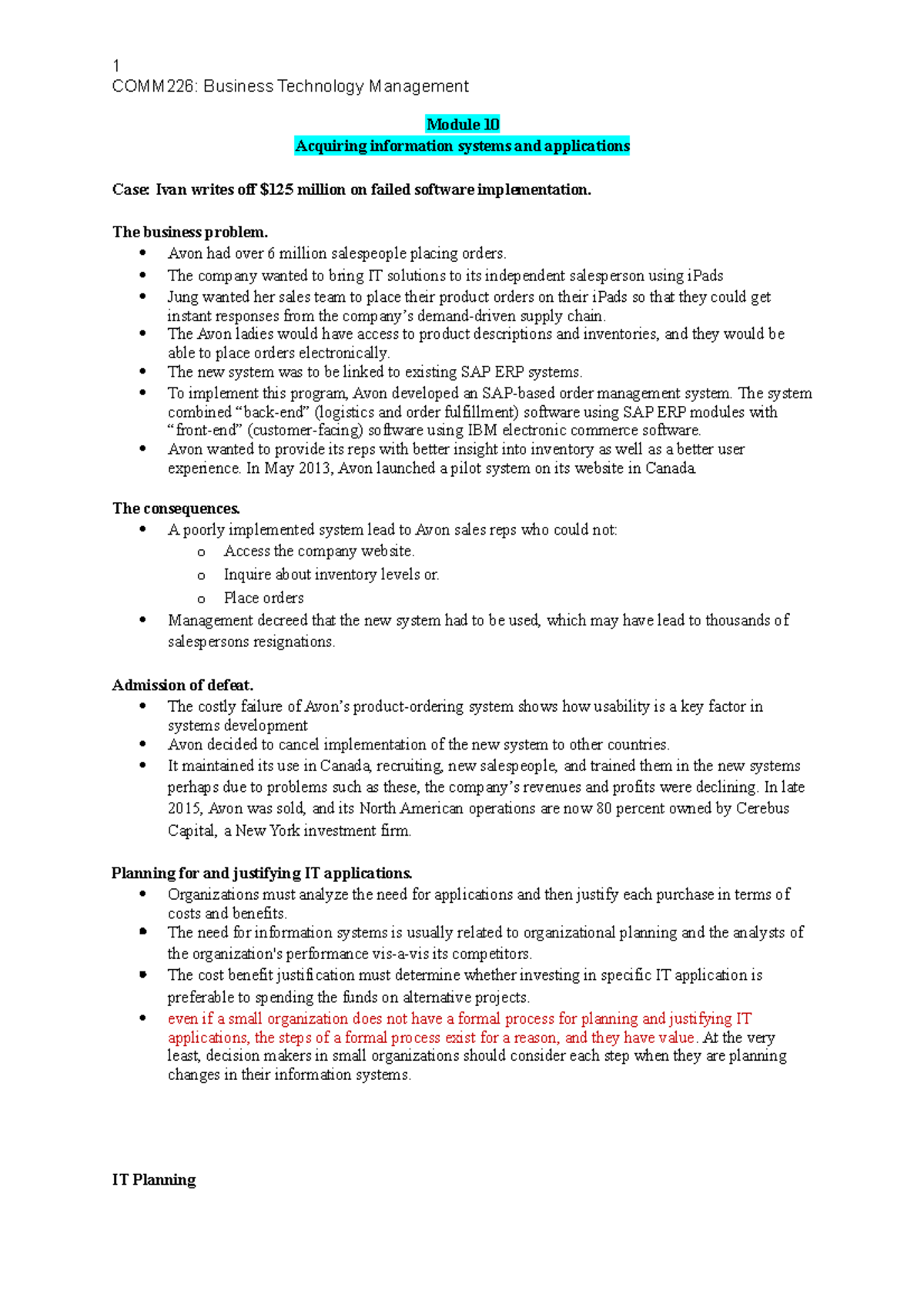 Module 10 - notes - COMM226: Business Technology Management Module 10 ...