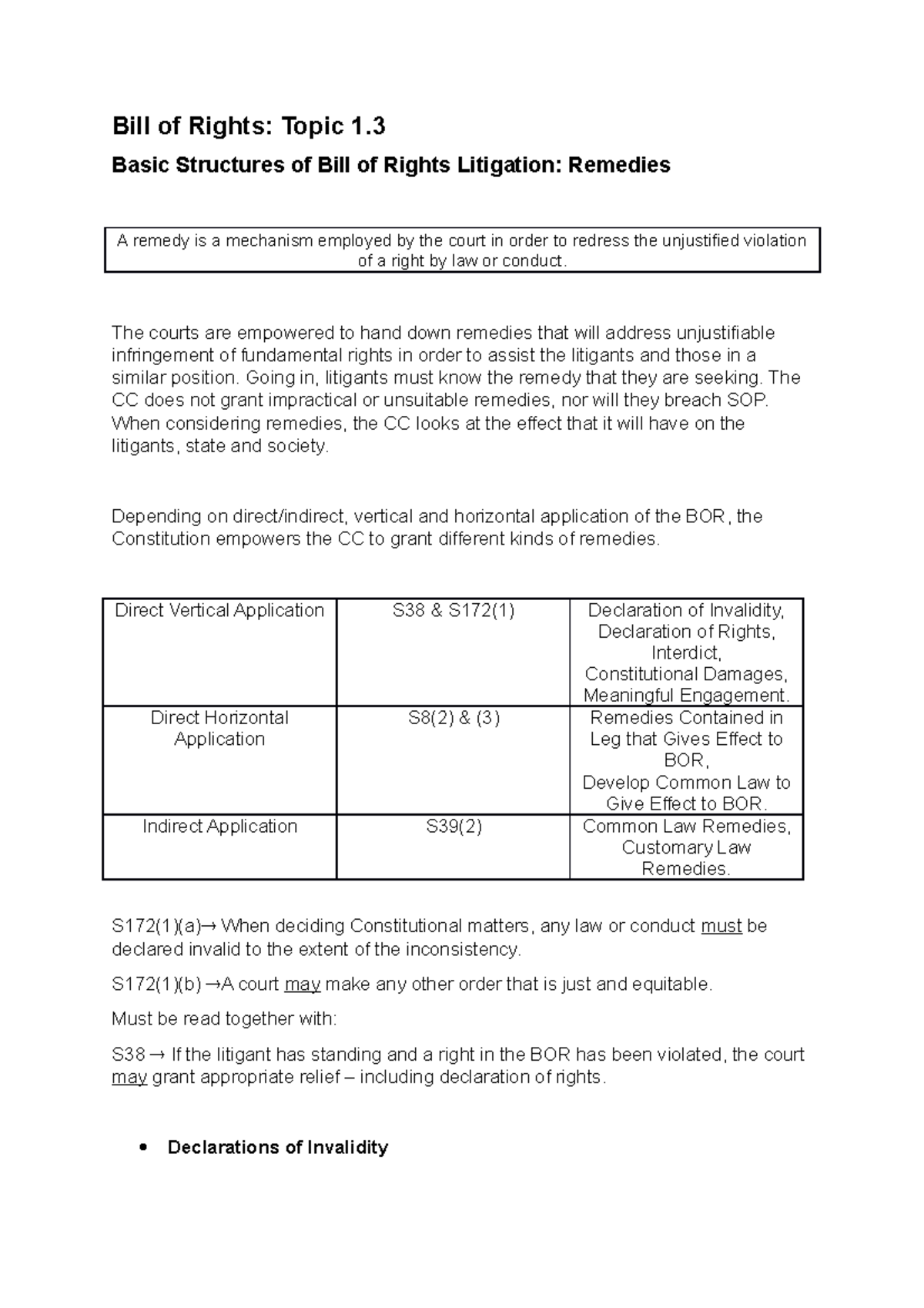 Notes - Remedies - Bill Of Rights: Topic 1. Basic Structures Of Bill Of ...