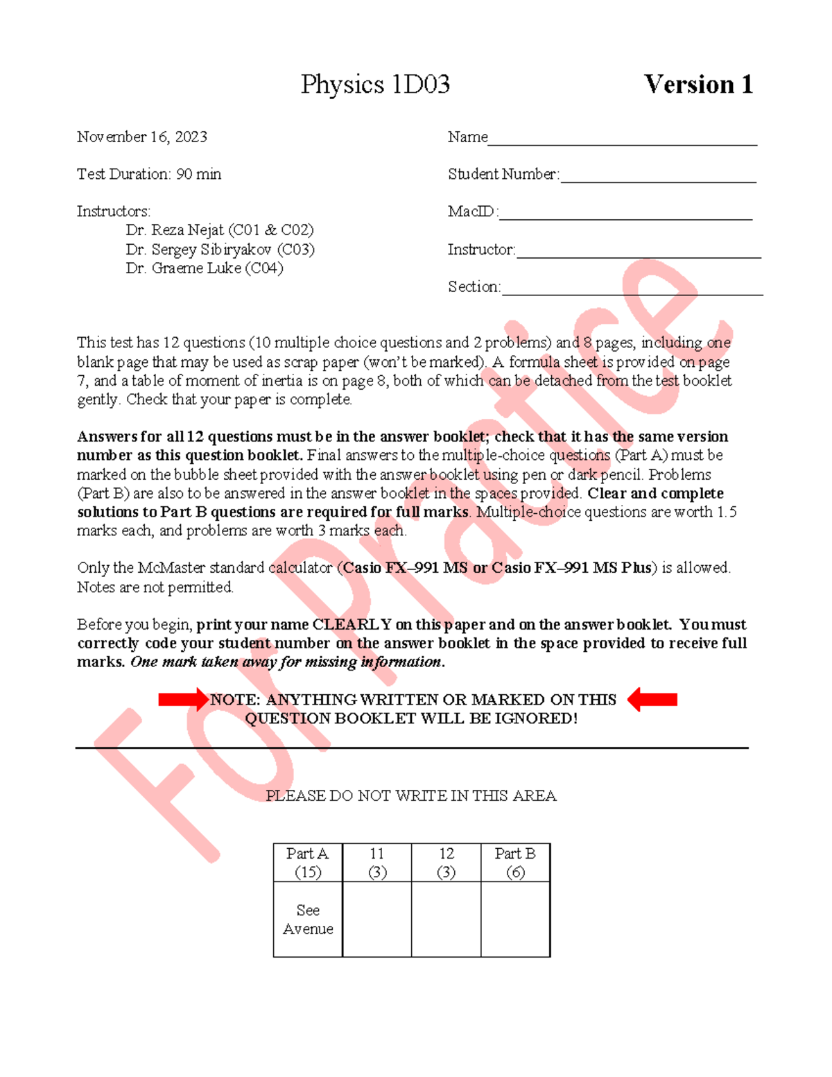 Phys1d3 test2-F2023-V1 - Physics 1D03 Version 1 November 1 6 , 202 3 ...