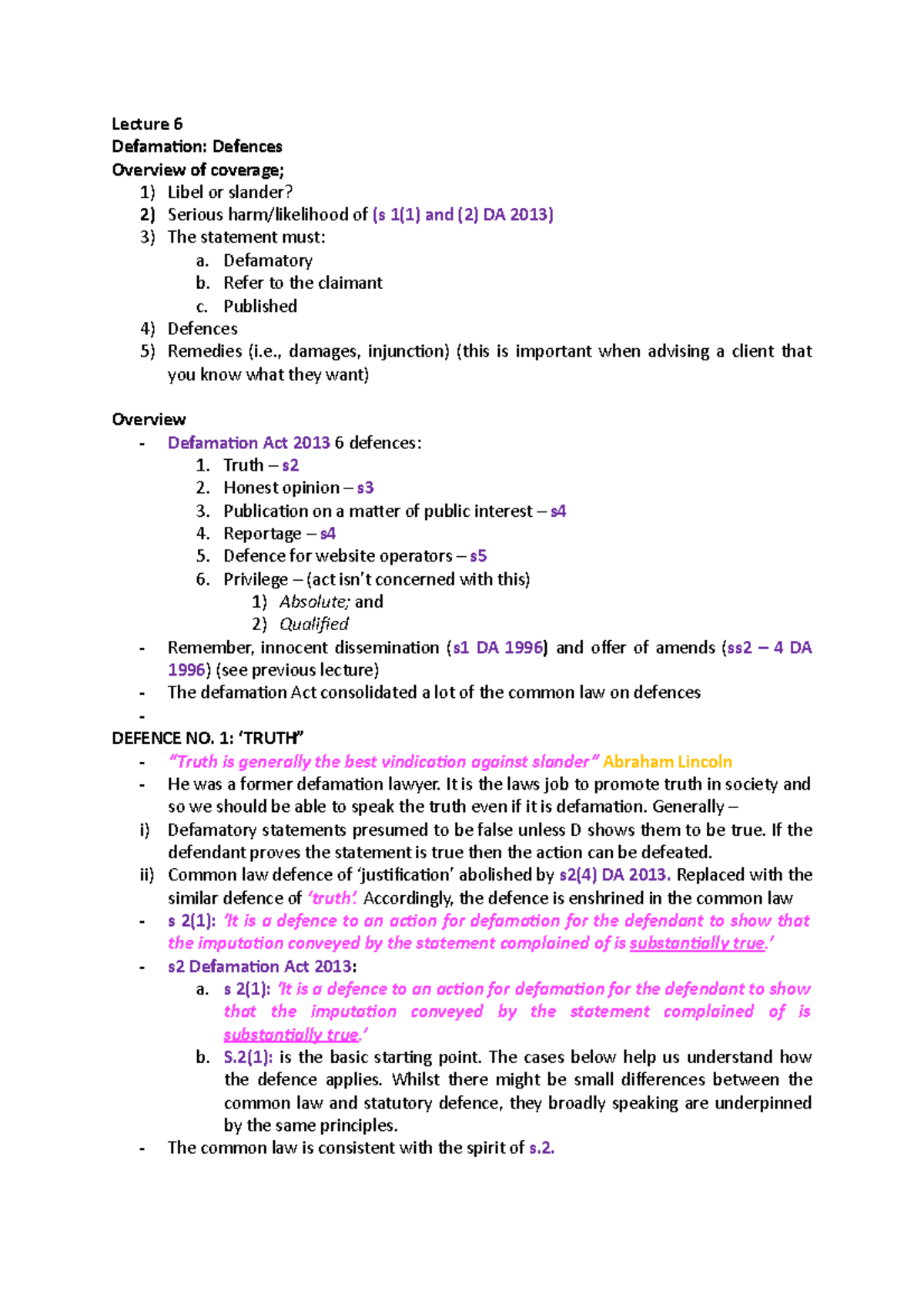 Defamation Defences Notes Lecture 6 Defamation Defences Overview Of Coverage 1 Libel Or Studocu