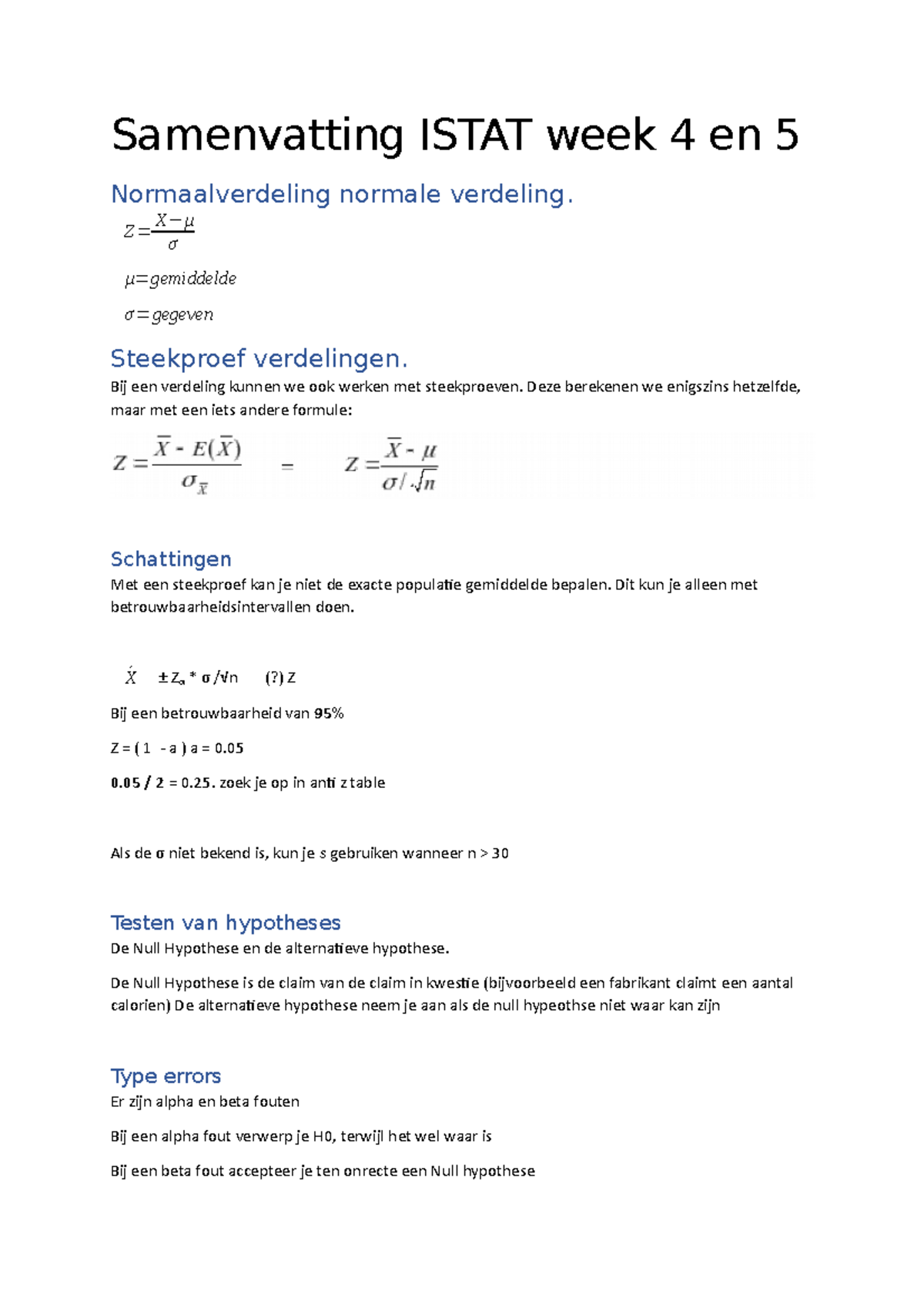 Samenvatting Istat week 4 en 5 Samenvatting ISTAT week 4