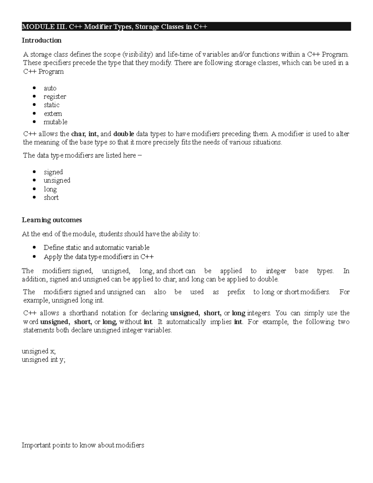 Module III. C++ Modifier Types, Storage Classes in C++ - MODULE III ...