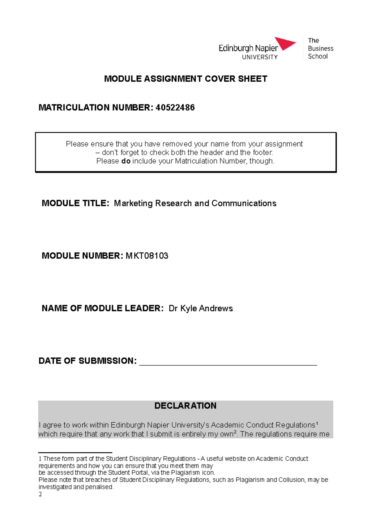 Marketing Assesment and cover letter - MODULE ASSIGNMENT COVER SHEET ...