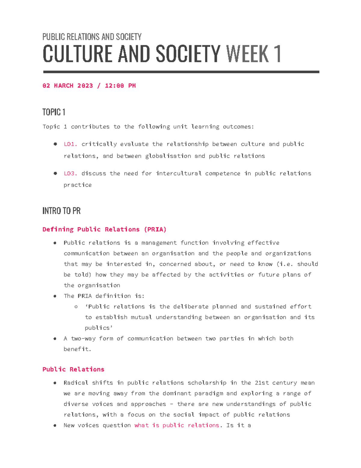 PR Week 1 - lecture notes week 1 - PUBLIC RELATIONS AND SOCIETY CULTURE ...