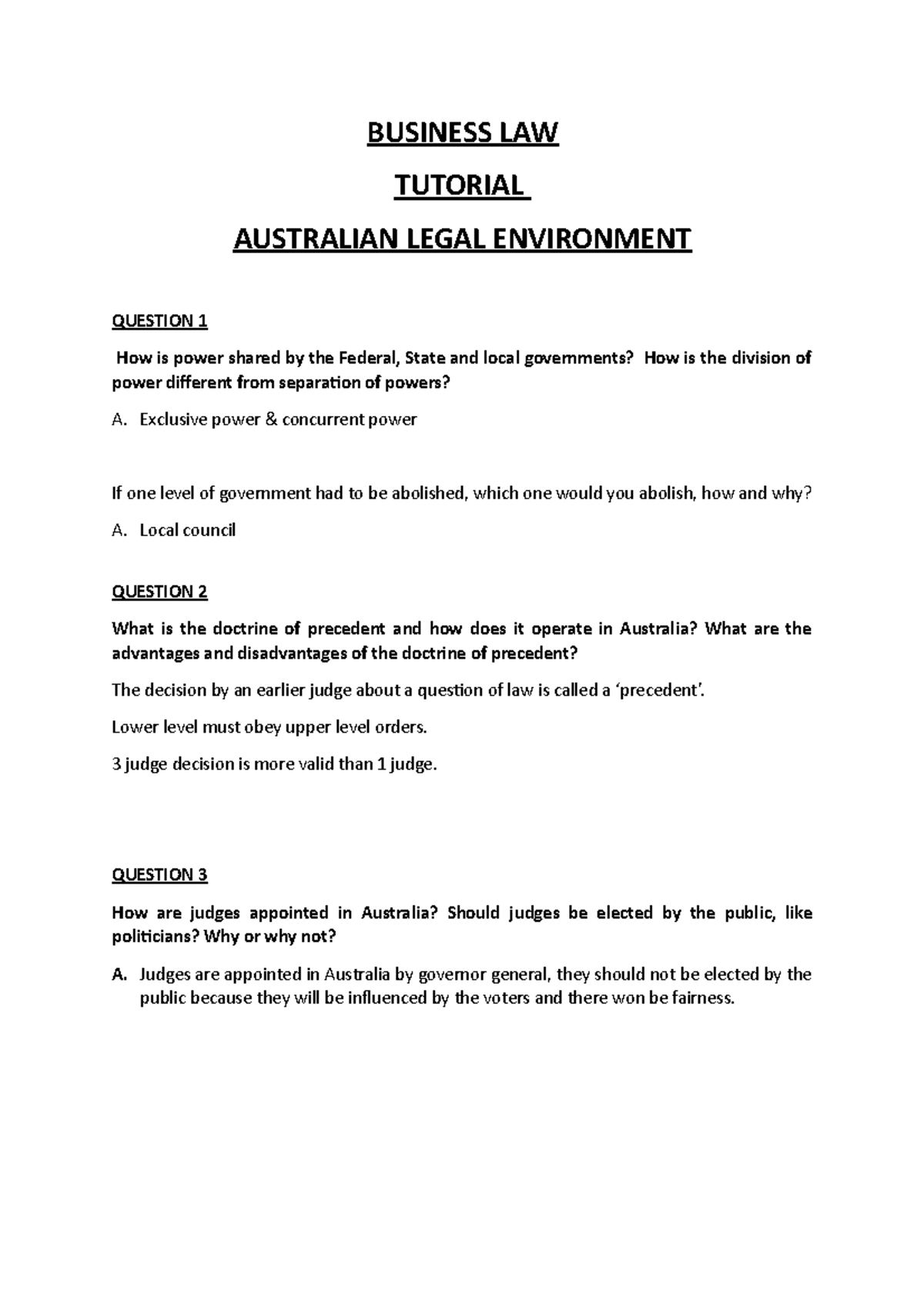 2B Australian Legal Environment - Tutorial - BUSINESS LAW TUTORIAL ...