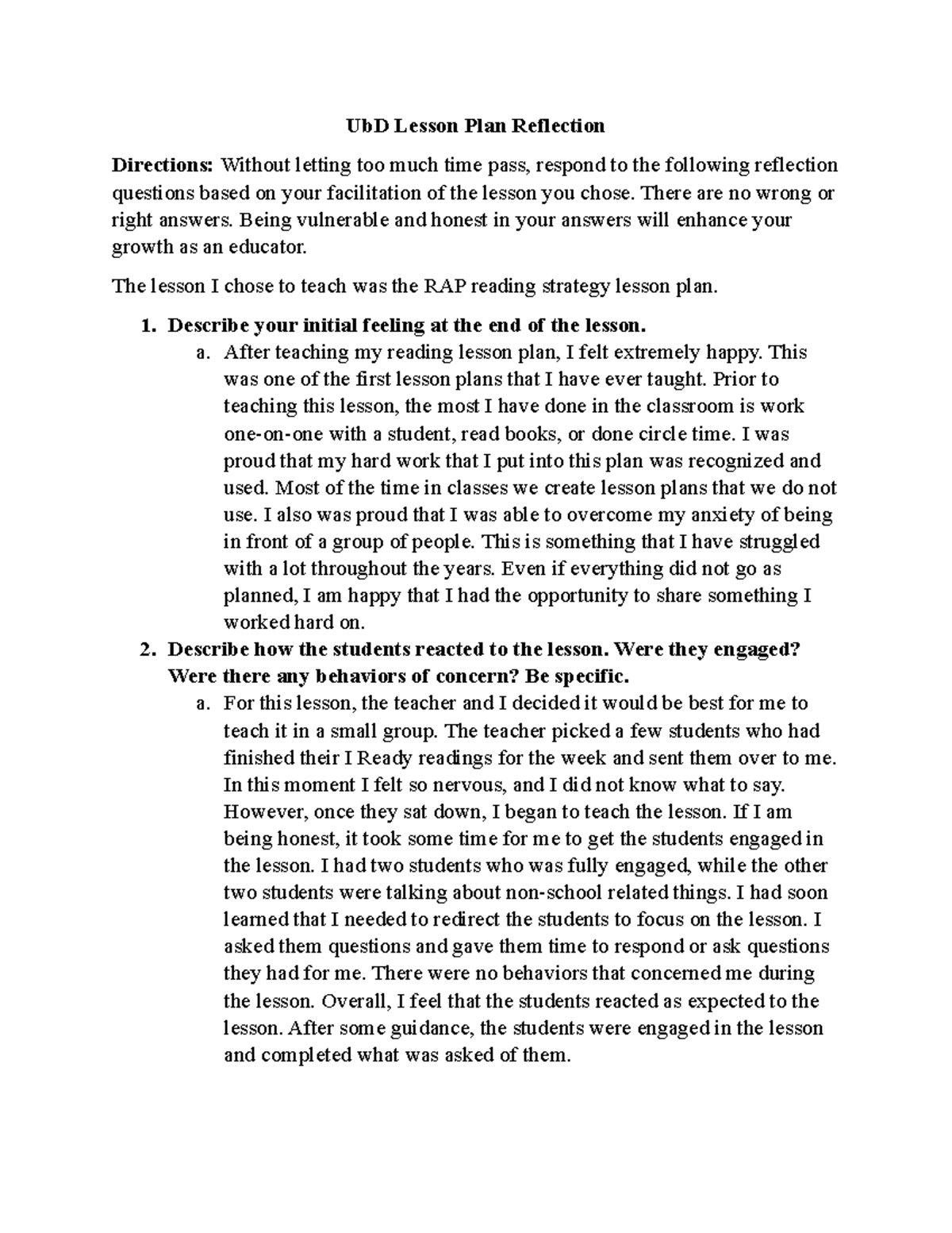 LP Reflection final - UbD Lesson Plan Reflection Directions: Without ...