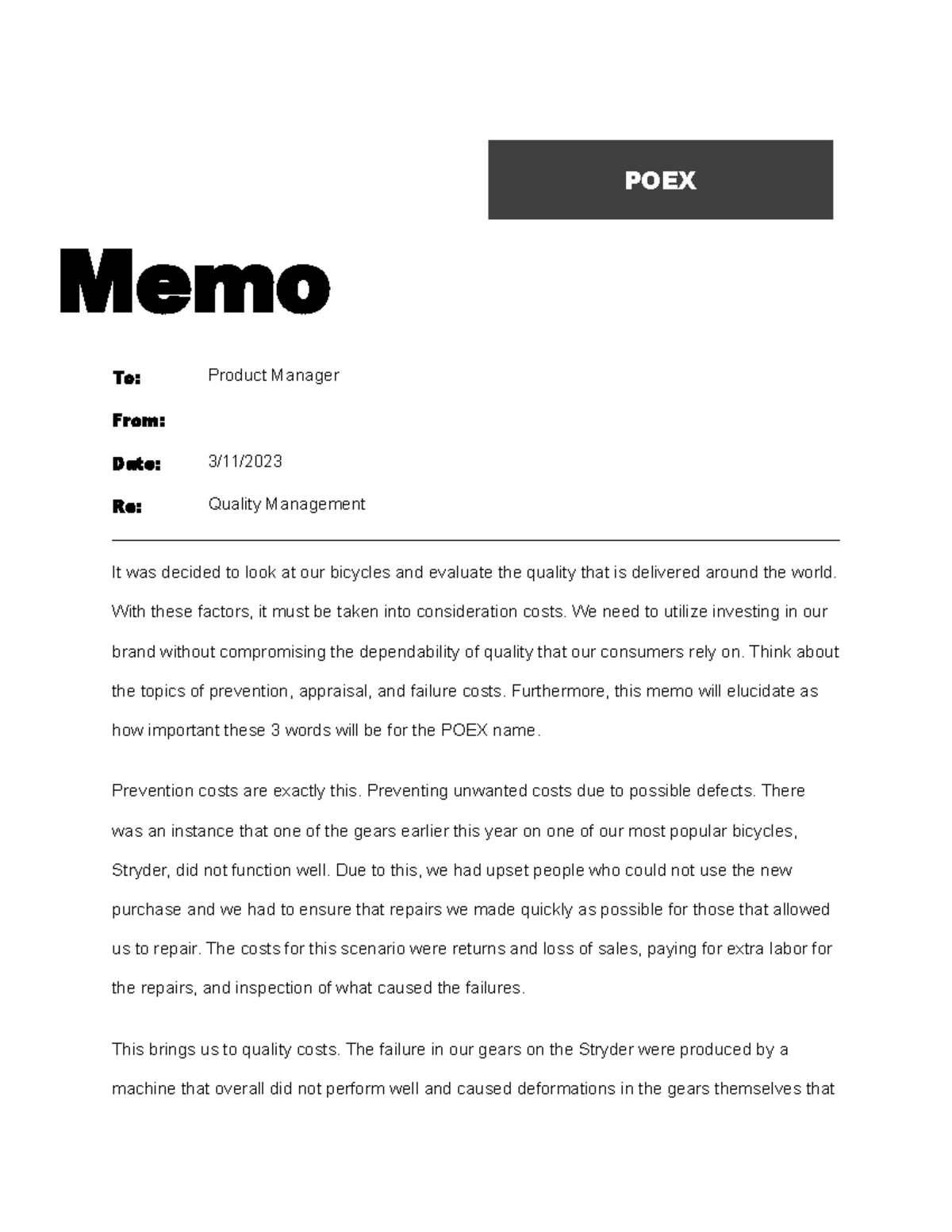 AVM1 AVM1 TASK 1 Business Management Tasks - POEX Memo To: Product ...