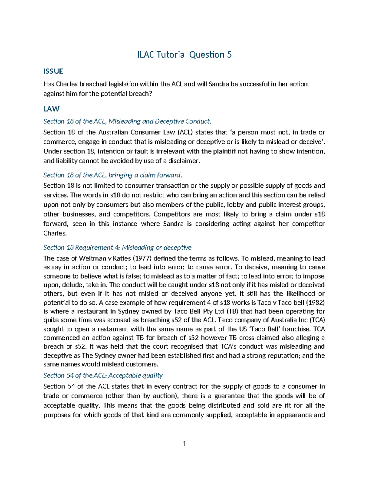ILAC TUTORIAL QUESTIONS LAWS1100 - ILAC Tutorial Question 5 ISSUE Has ...