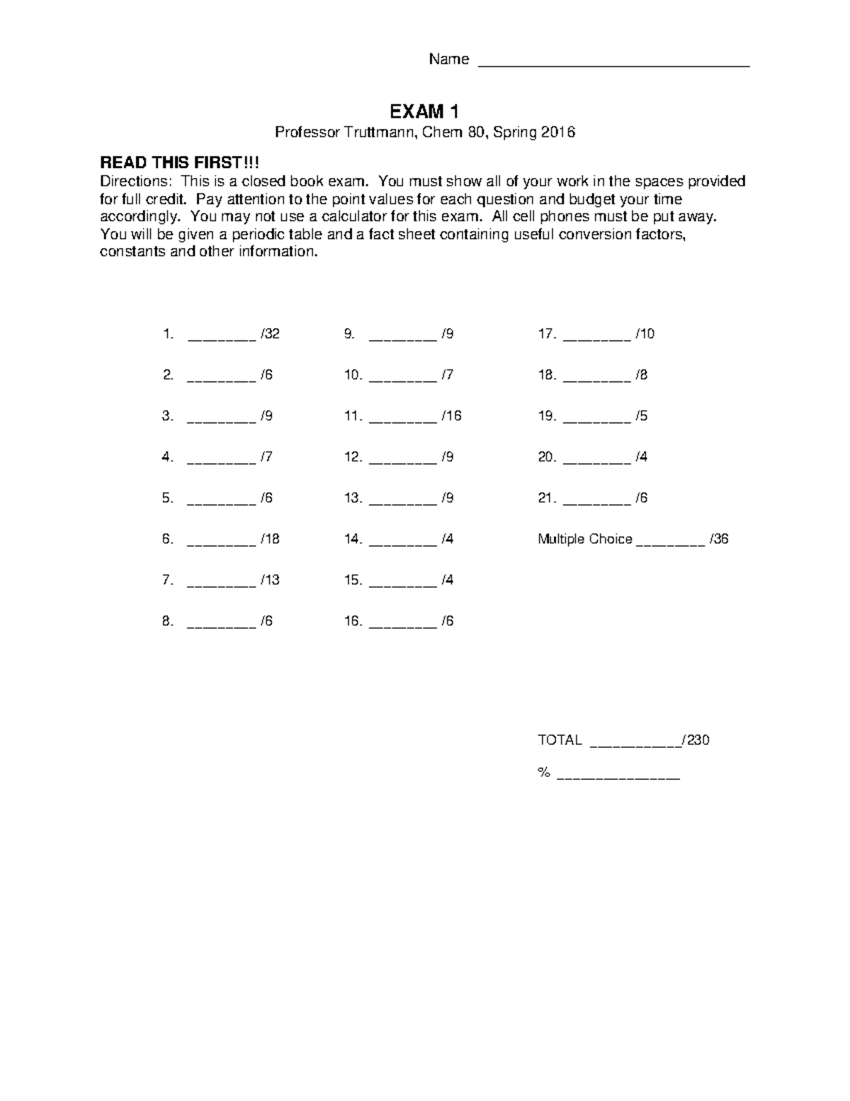 EXAM 1 Chem 80 coursework - READ THIS FIRST!!! Directions: This is a ...