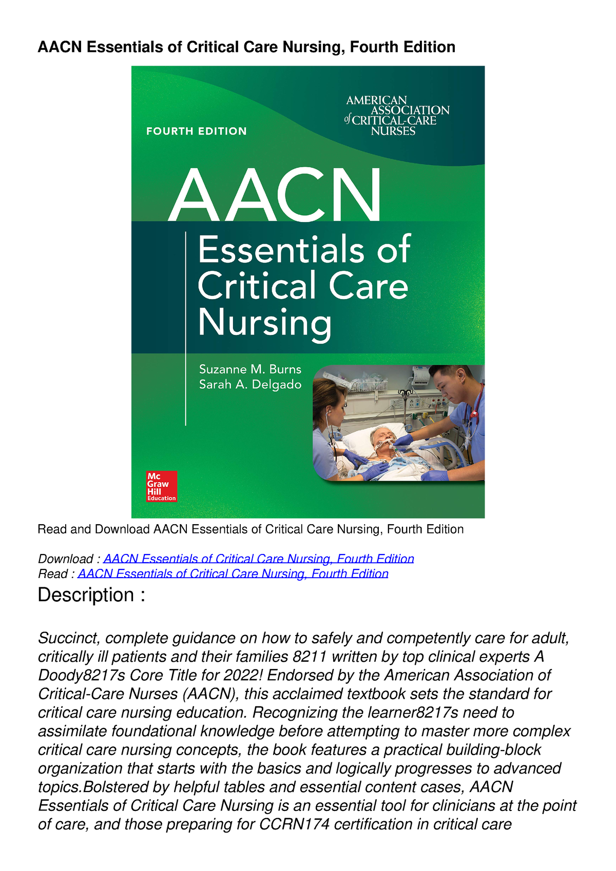 [PDF READ ONLINE] Aacn Essentials of Critical Care Nursing, Fourth