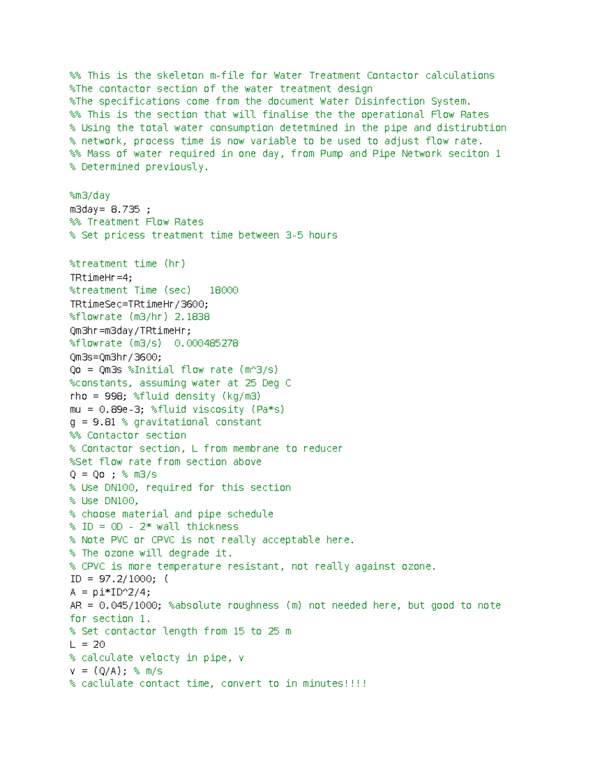 Matlab CODE - %% This is the skeleton m-file for Water Treatment ...