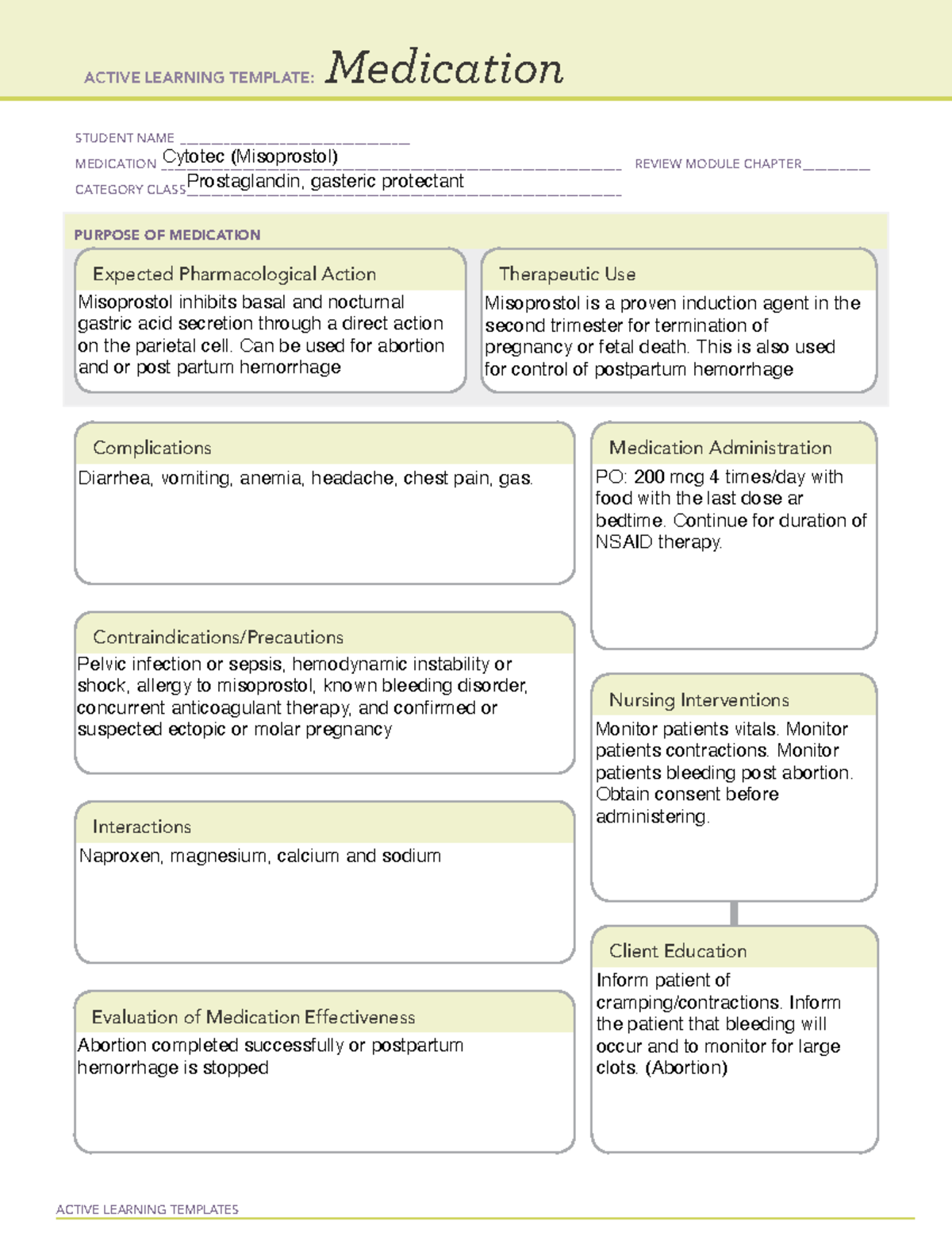 Cytotec Medication Card ACTIVE LEARNING TEMPLATES Medication STUDENT