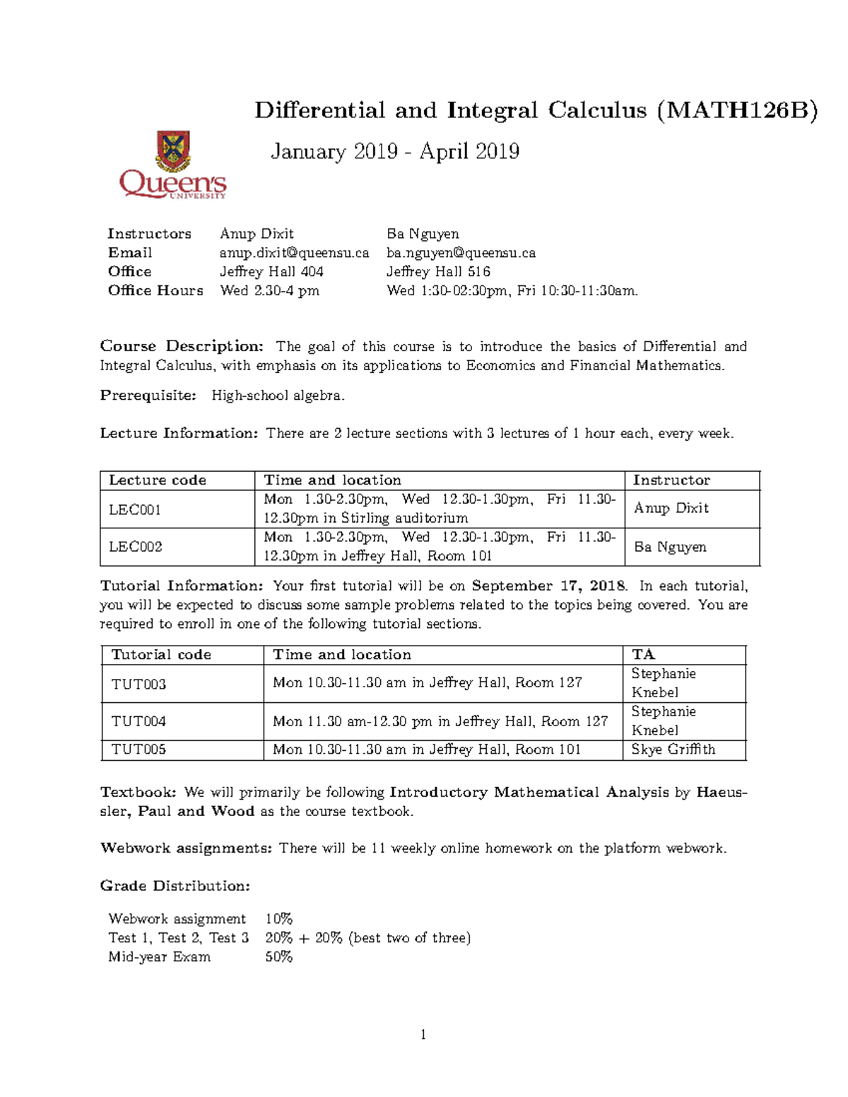 Course outline Math 126-B - Differential and Integral Calculus ...