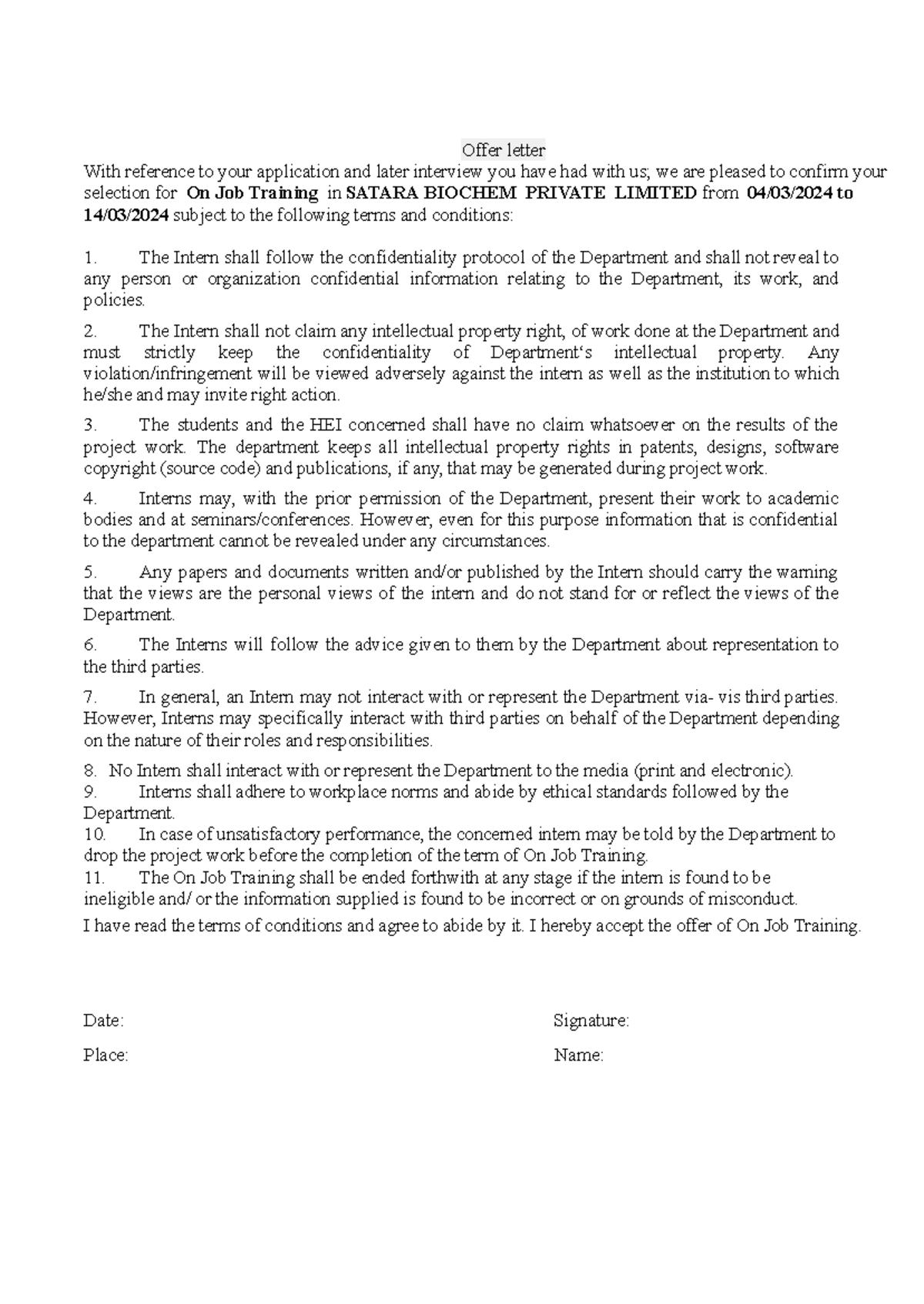 OJT - Copy - Notes - Offer letter With reference to your application ...
