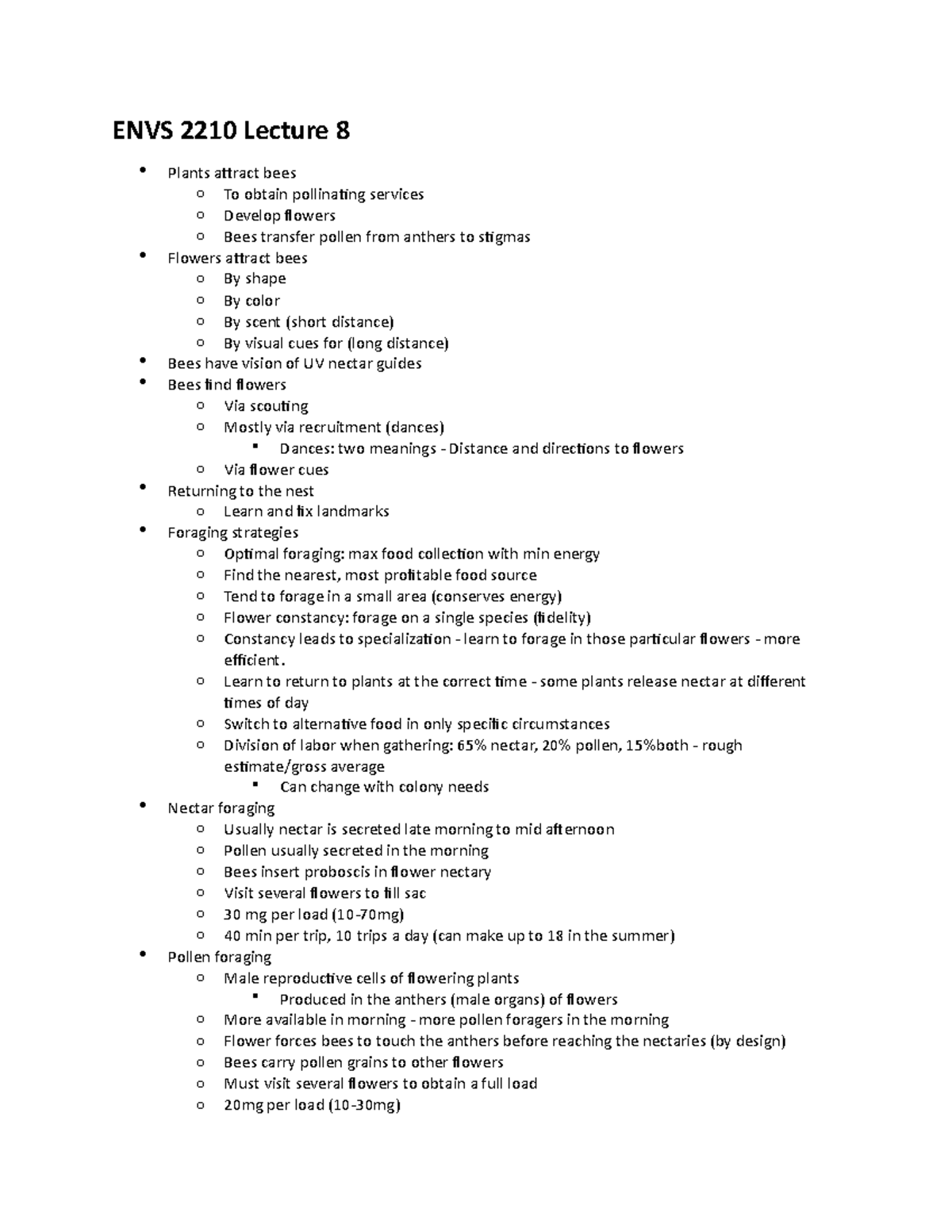 ENVS 2210 Lecture 8 Notes - ENVS 2210 Lecture 8 Plants attract bees o ...