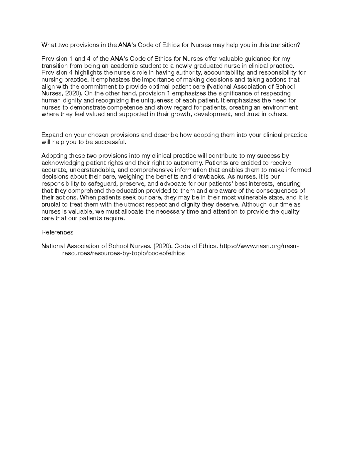 WCU NURS 440 week 1 discussion - What two provisions in the ANA's Code ...