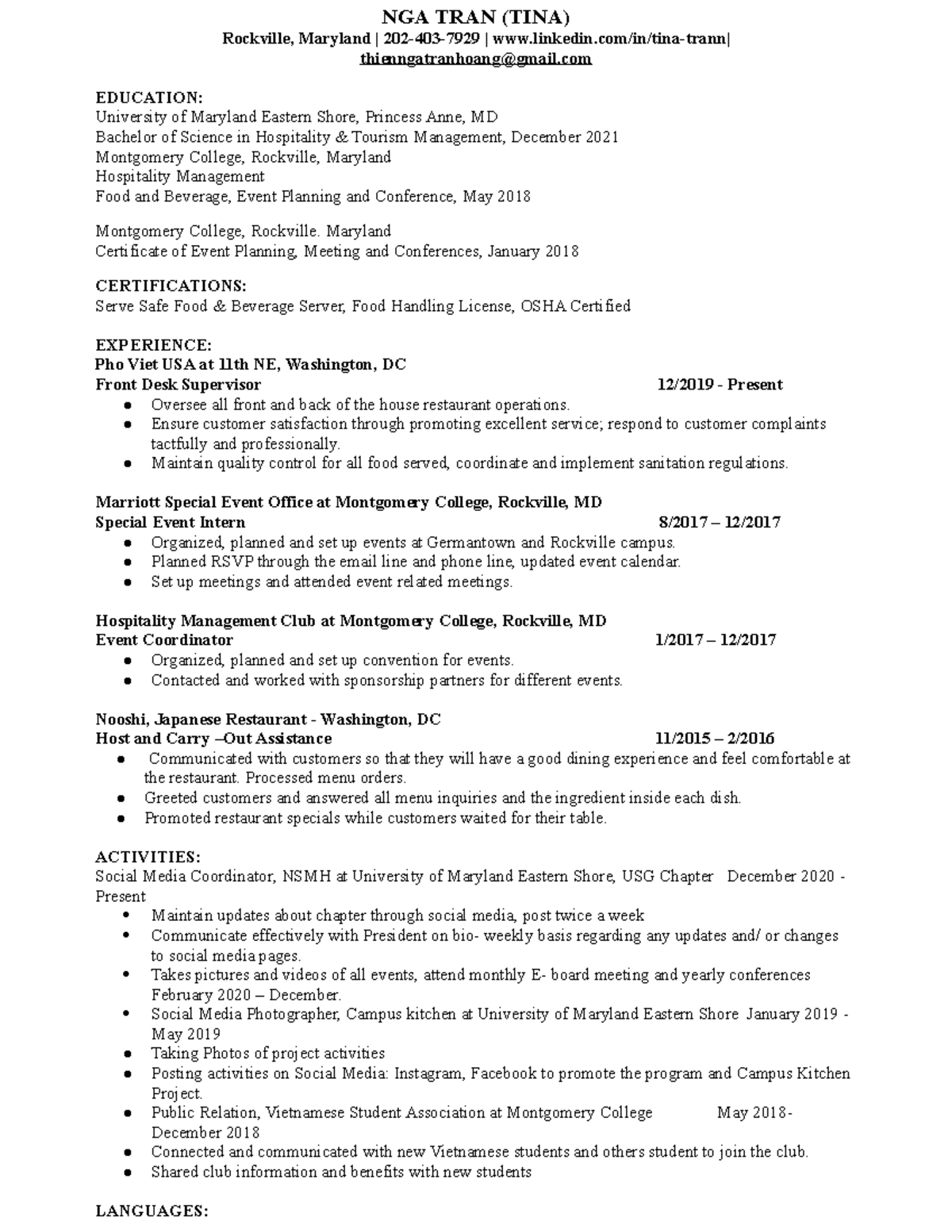 Nga Tran Resume 2021 - Nga Tran (tina) Rockville, Maryland 