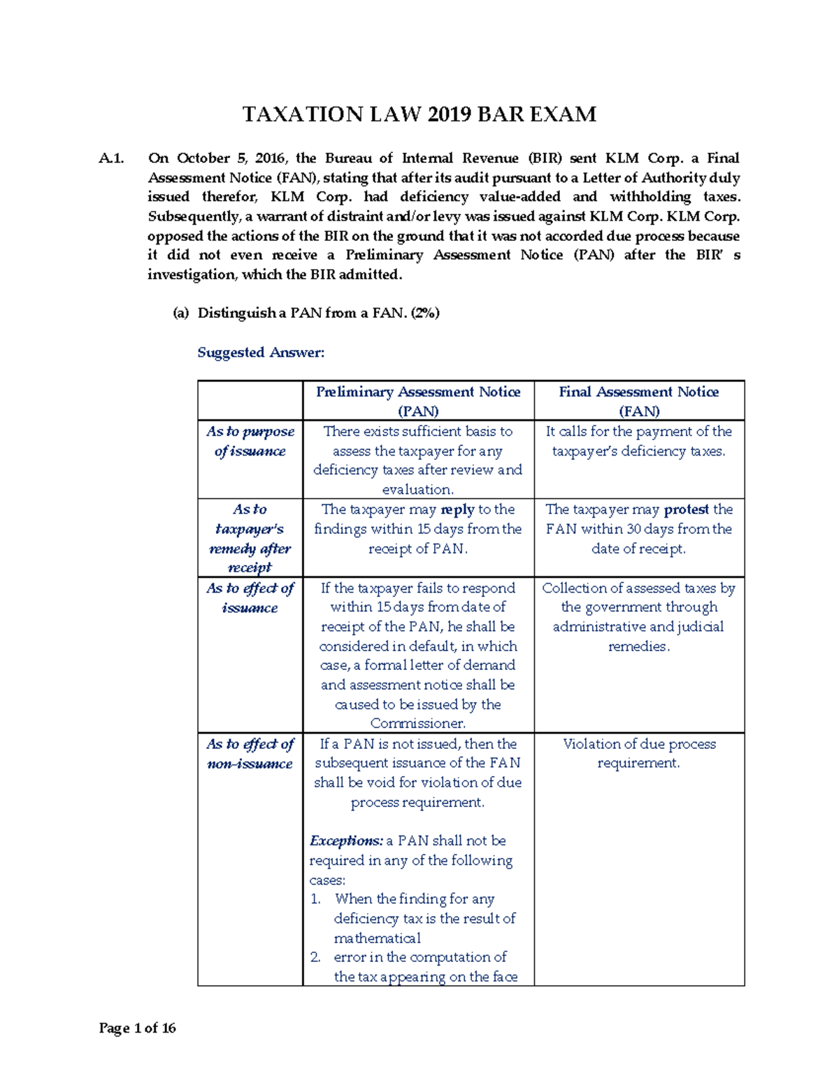 Tax Bar Questions And Answers for the year 2019 - TAXATION LAW 2019 BAR ...