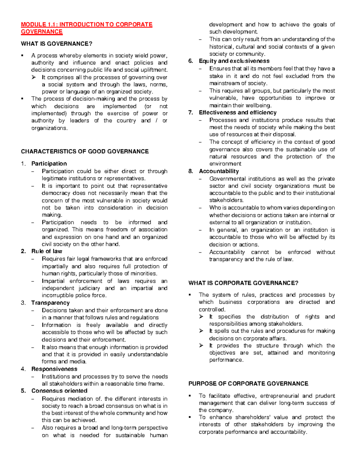 Module 1.1 - Introduction TO Corporate Governance - MODULE 1 ...