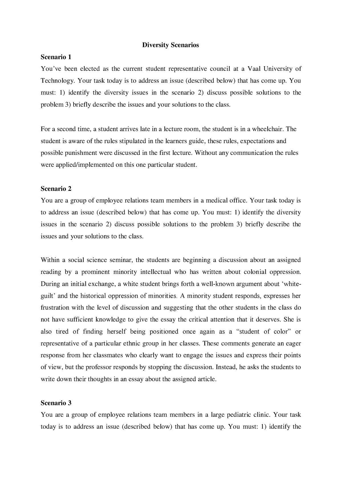 Diversity Scenarios 1-scenario to present - Diversity Scenarios ...