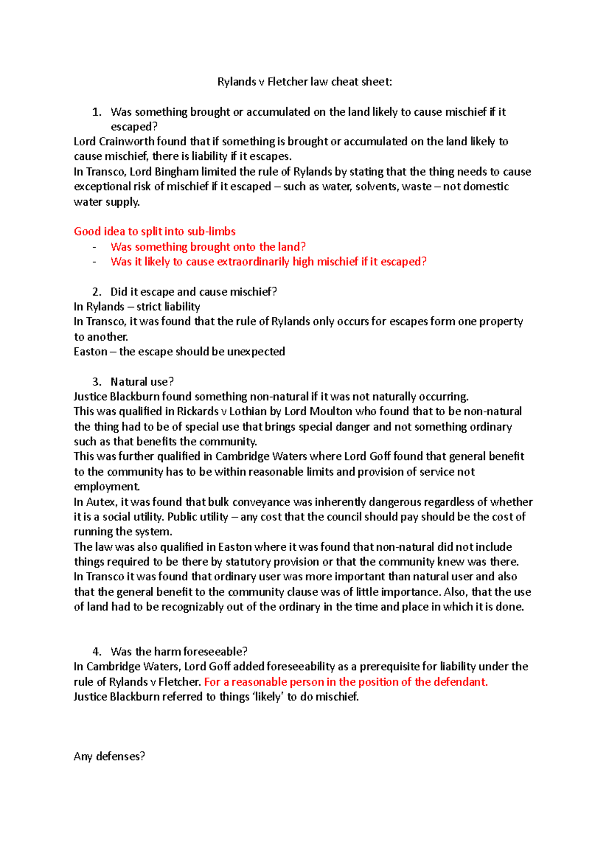 Rylands v Fletcher law cheat sheet - In Transco, Lord Bingham limited ...