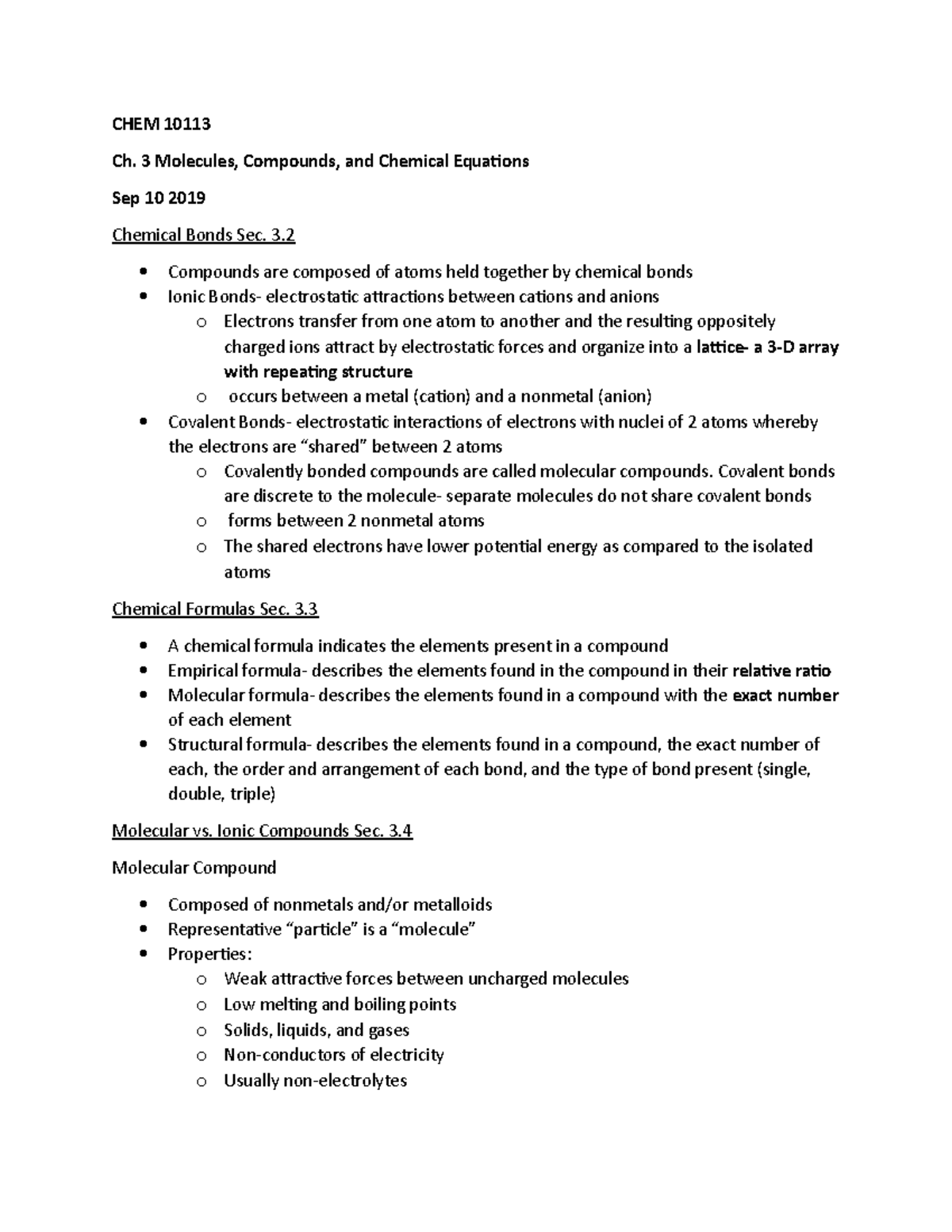 CHEM ch 3 molecules, compounds, chemical equations - CHEM 10113 Ch. 3 ...
