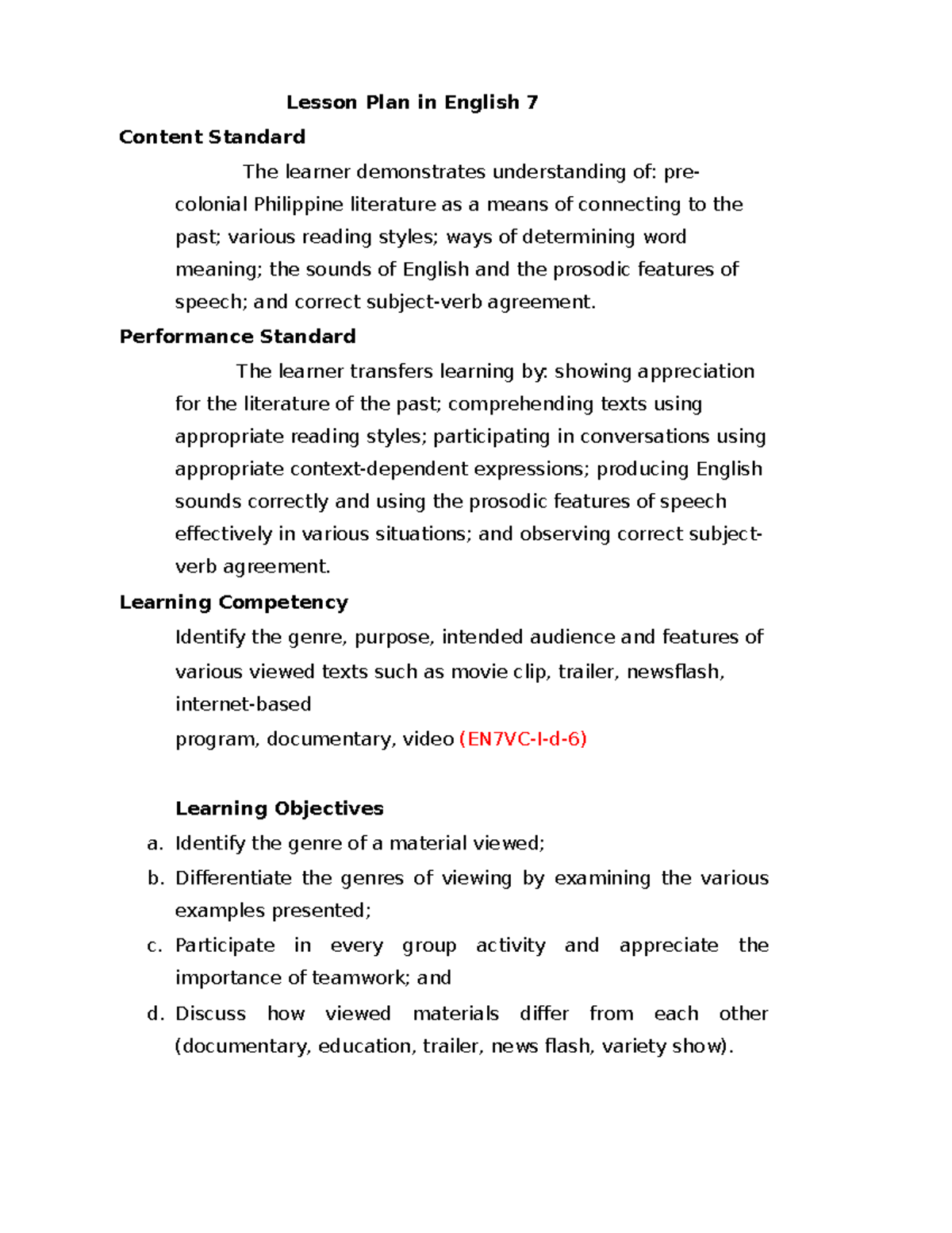 Genres Of Viewing Final Lp Lesson Plan In English 7 Content Standard The Learner Demonstrates 9611