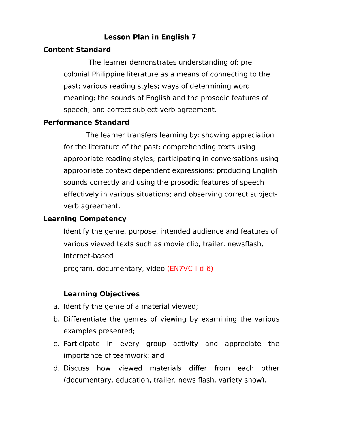 Genres Of Viewing Final LP Lesson Plan In English 7 Content Standard 