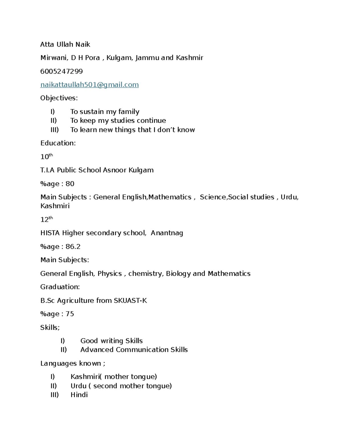 Resume Atta Ullah - Lecture notes - Atta Ullah Naik Mirwani, D H Pora ...