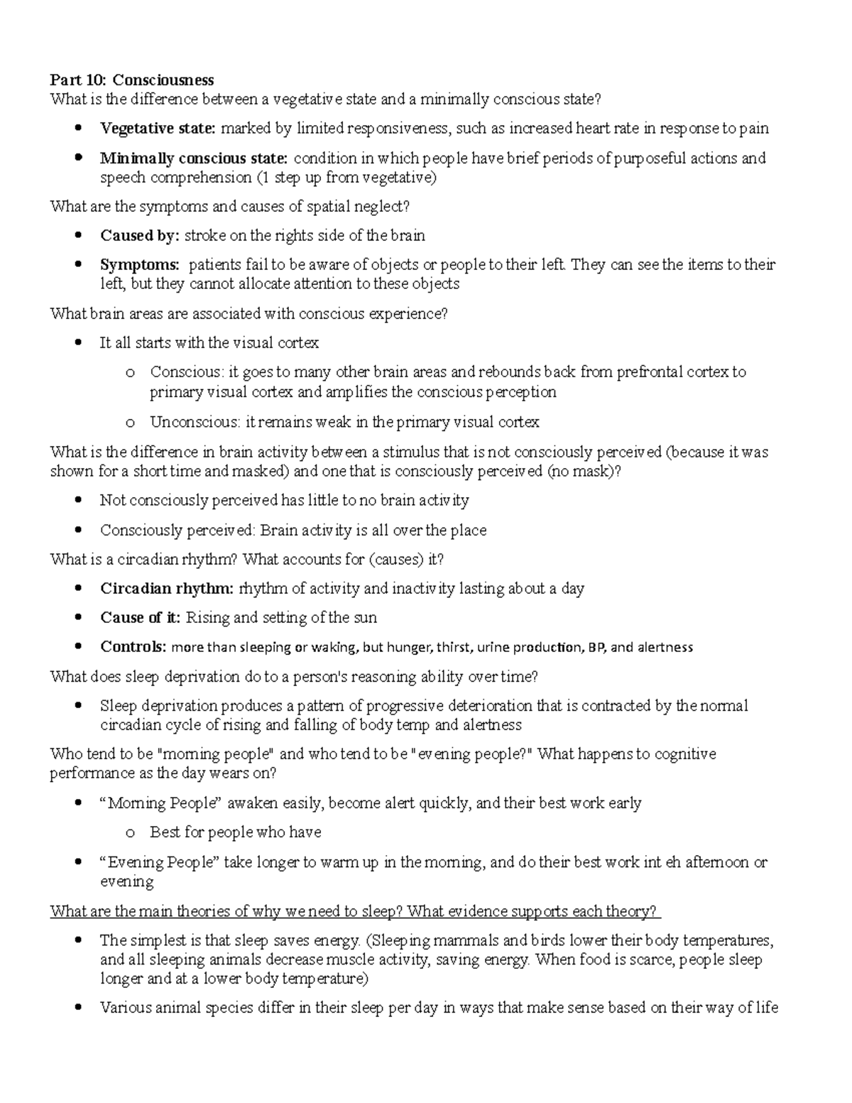 Chapter 10 - Lecture notes - Part 10: Consciousness What is the ...