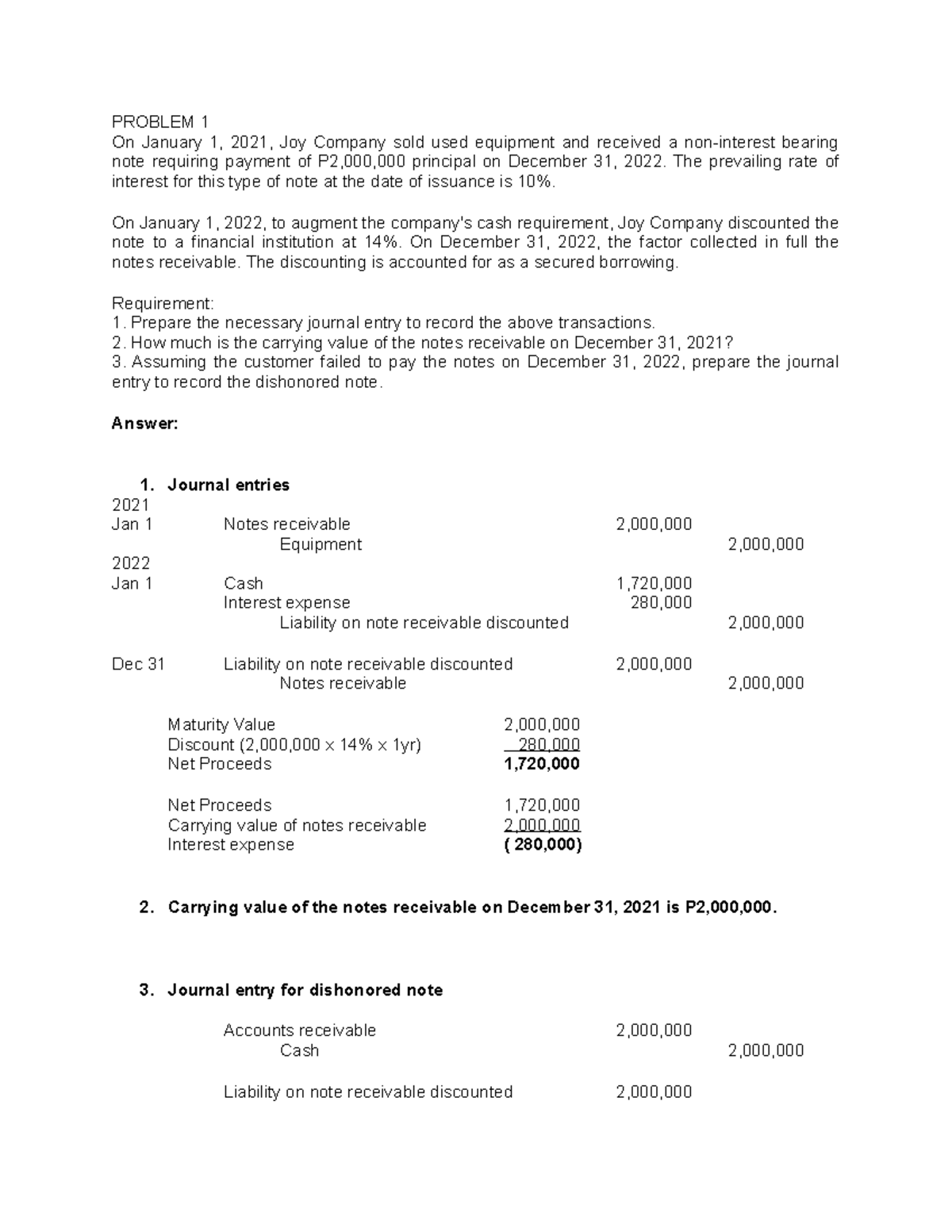 On January 1, 2021, Joy Company sold used equipment and received a non ...