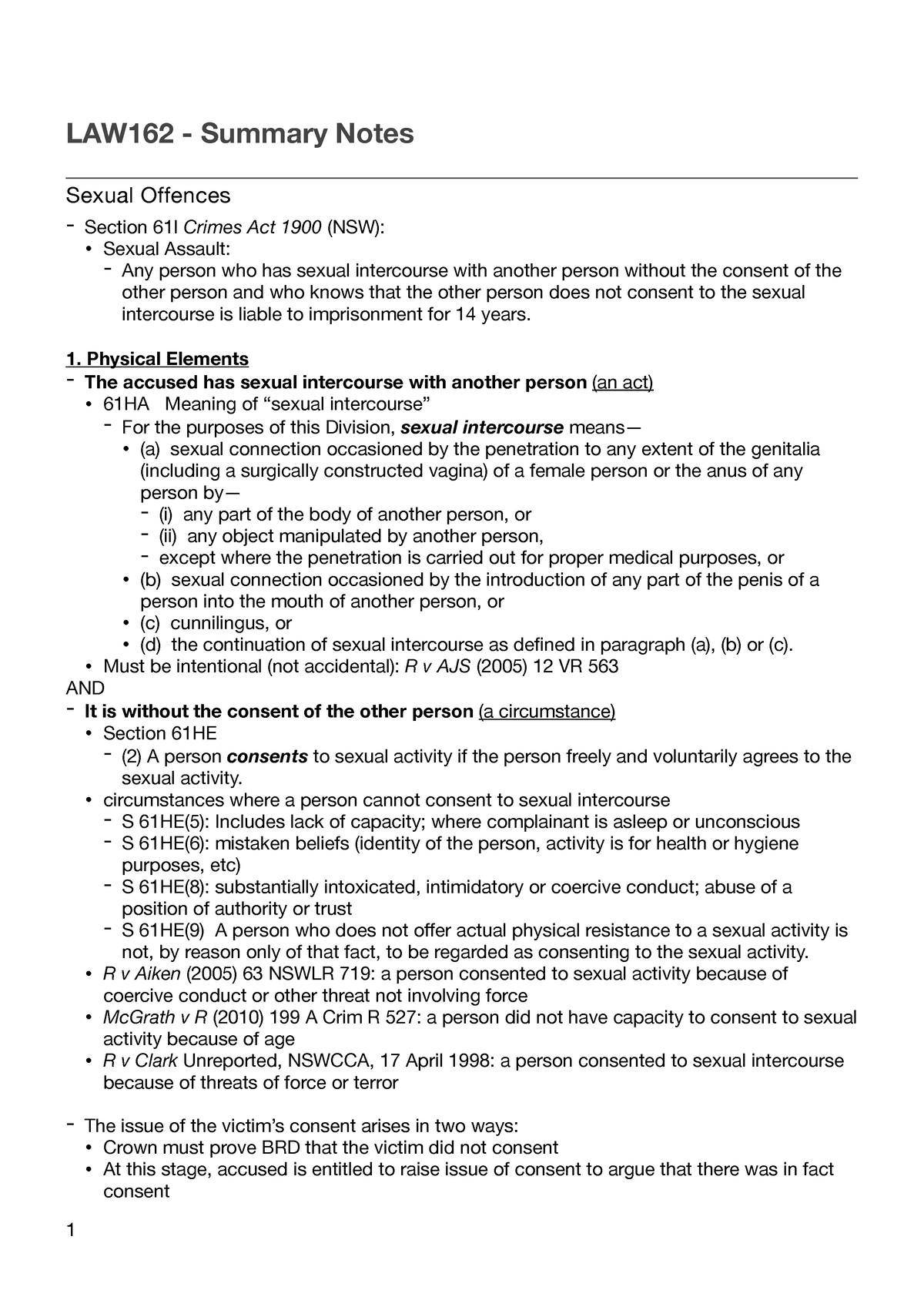 Law162 Exam Notes Law162 Summary Notes Sexual Offences Section 61i Crimes Act 1900 Nsw 7648