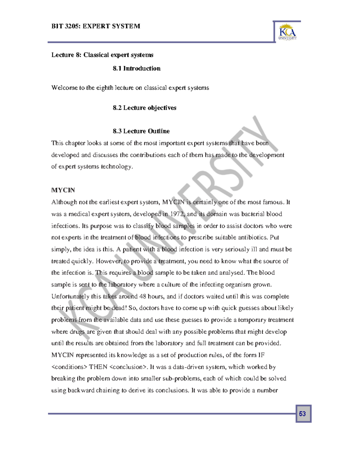 Eslecture 8 - NOTES - Lecture 8: Classical expert systems 8 ...