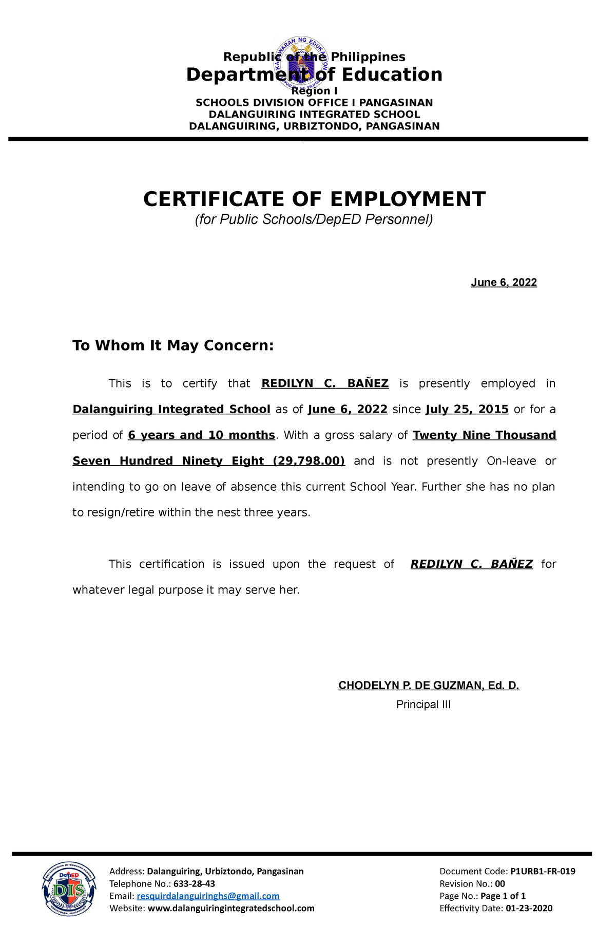 Certificate Of Employment Version Republic Of The Philippines Department Of Education Region