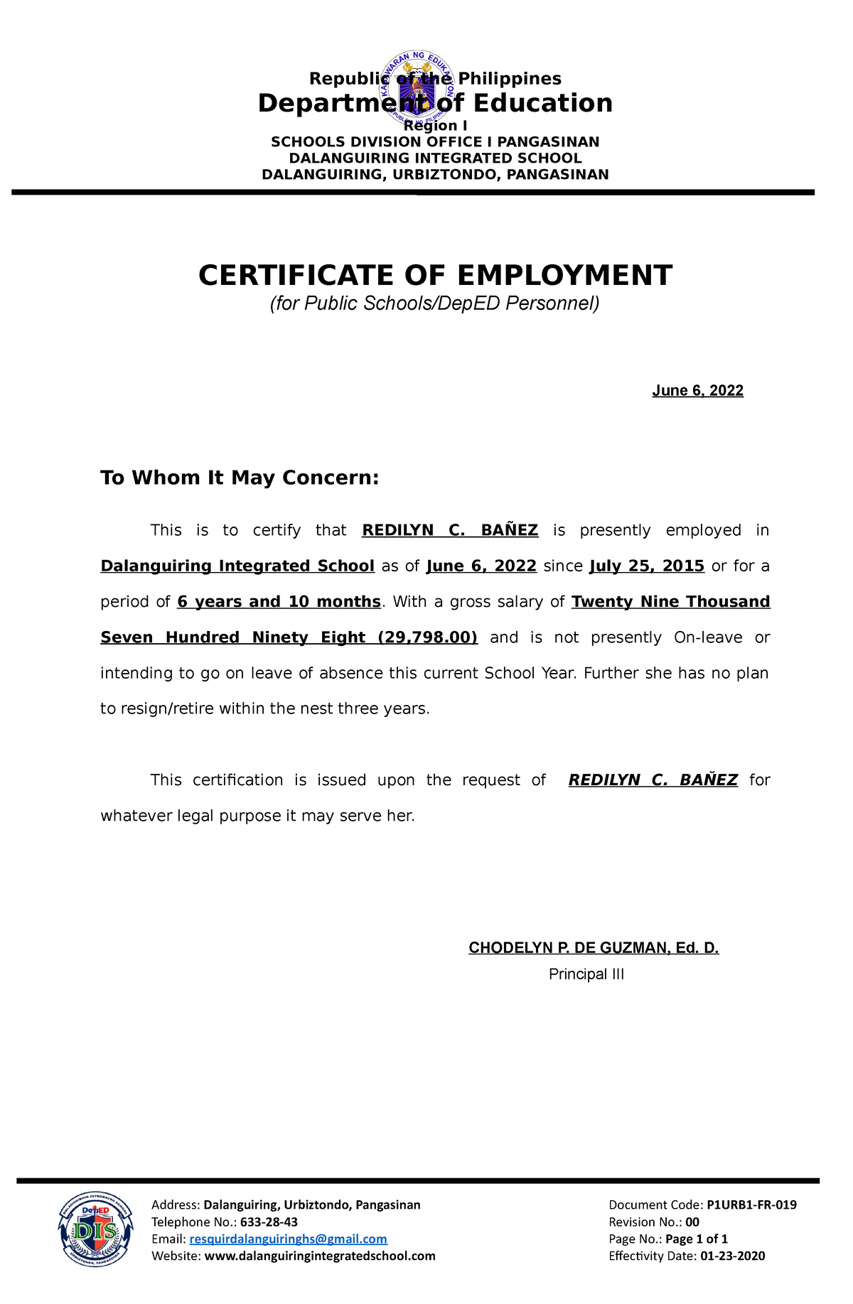 Certificate Of Employment Version 3 Republic Of The Philippines 