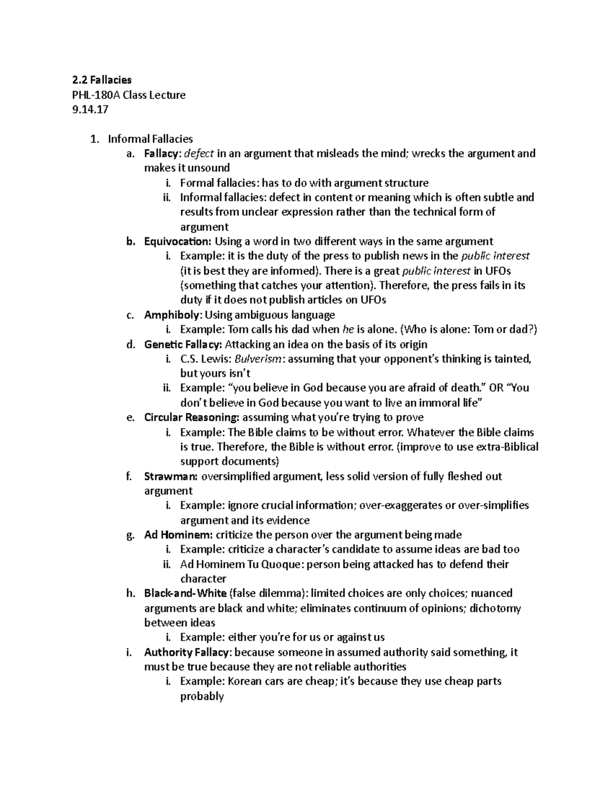 2.2 Fallacies Lecture - 2 Fallacies PHL-180A Class Lecture 9. Informal ...