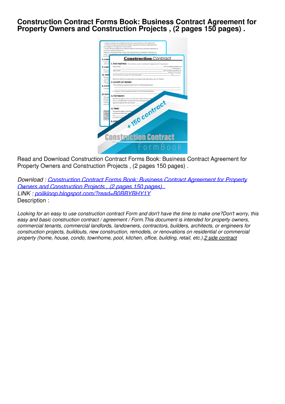 PDF Read Online Construction Contract Forms Book: Business Contract