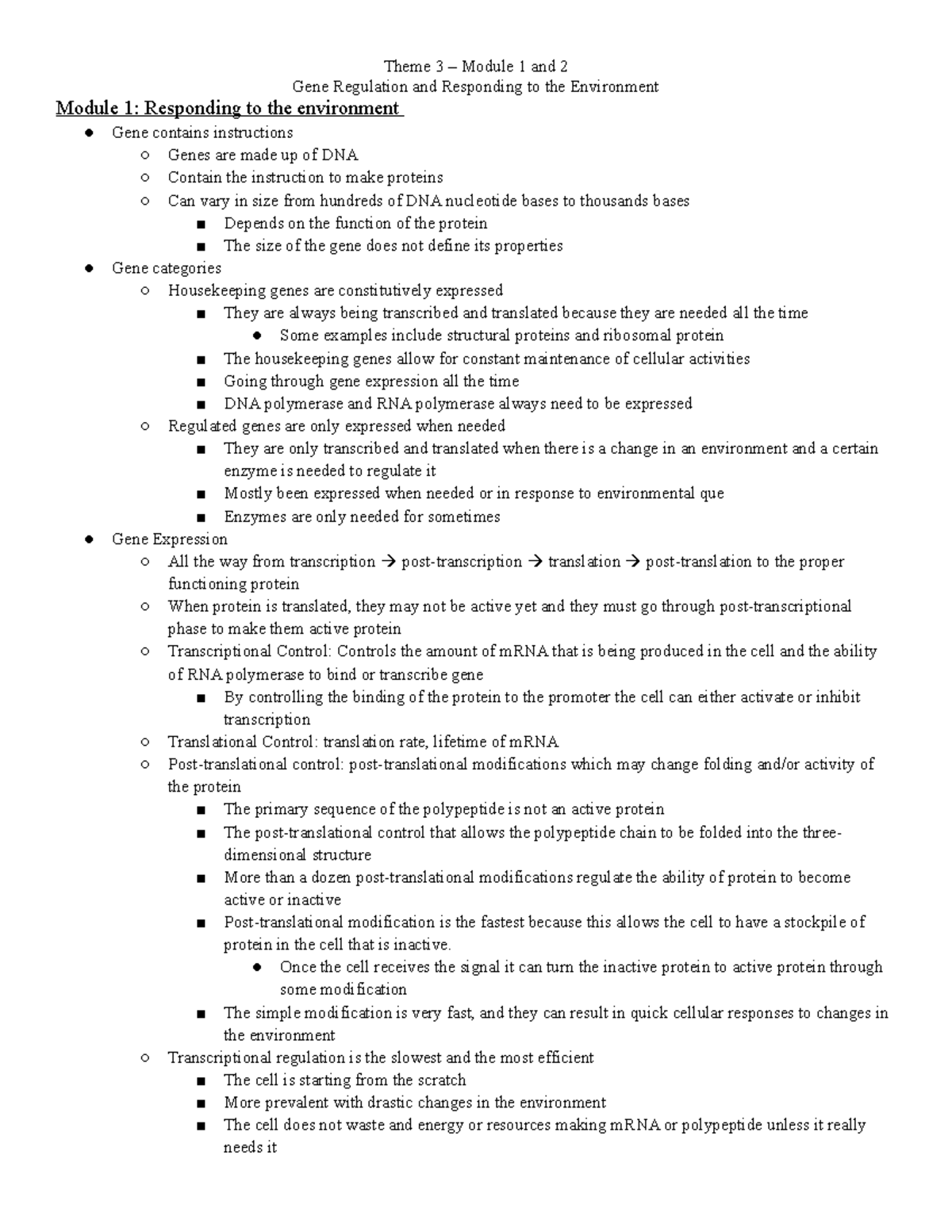 Theme 3 Module 1 and 2 - Gene regulatation and responding to the ...