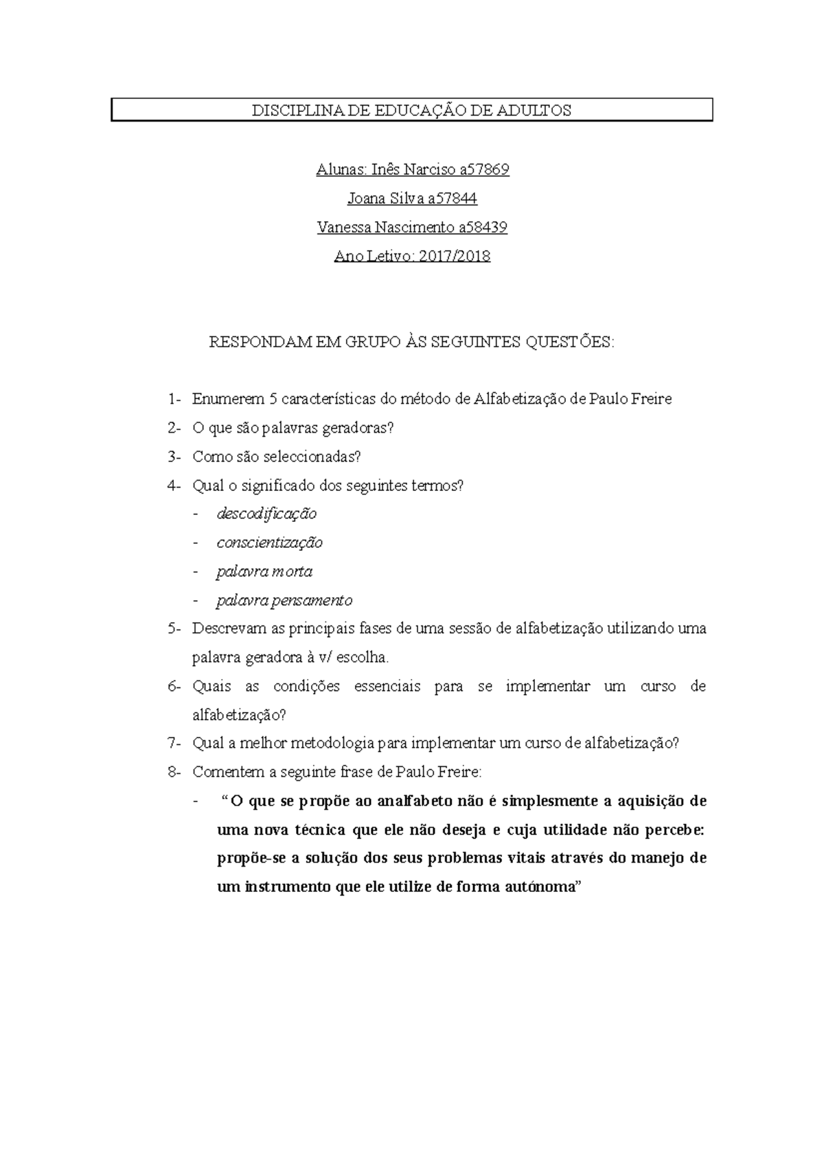 Trabalho De Alfabetiza o Educa o Social I 14551154 Ualg StuDocu