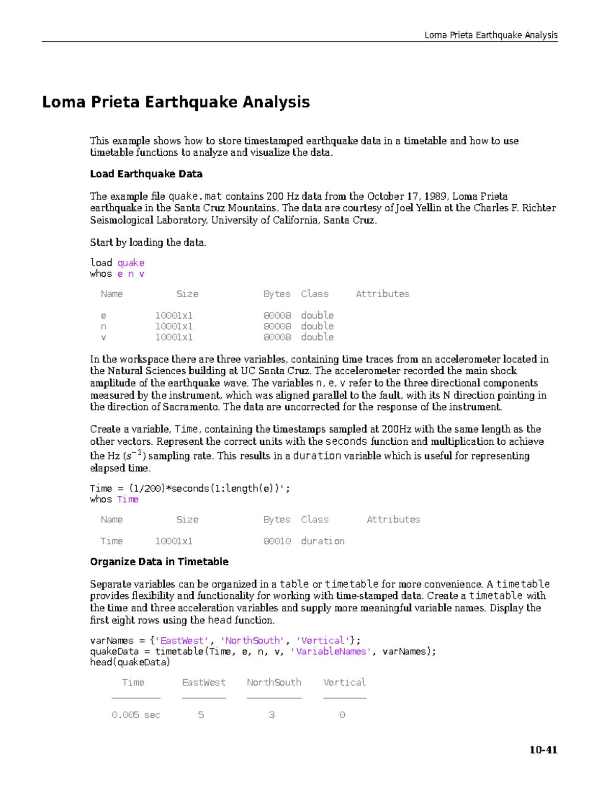 Matlab prog-54 - Loma Prieta Earthquake Analysis This example shows how ...