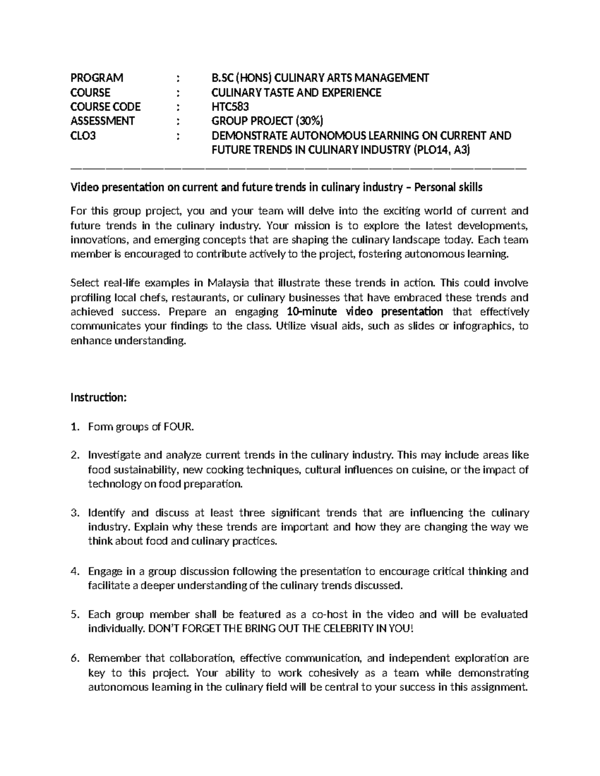 Latest Group assignment HTC583 - PROGRAM : B (HONS) CULINARY ARTS ...