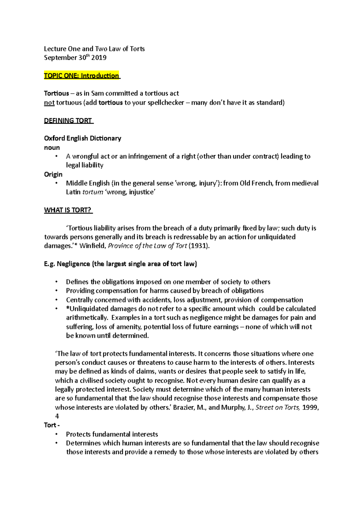 Tort Lecture Notes - Lecture One and Two Law of Torts September 30th ...