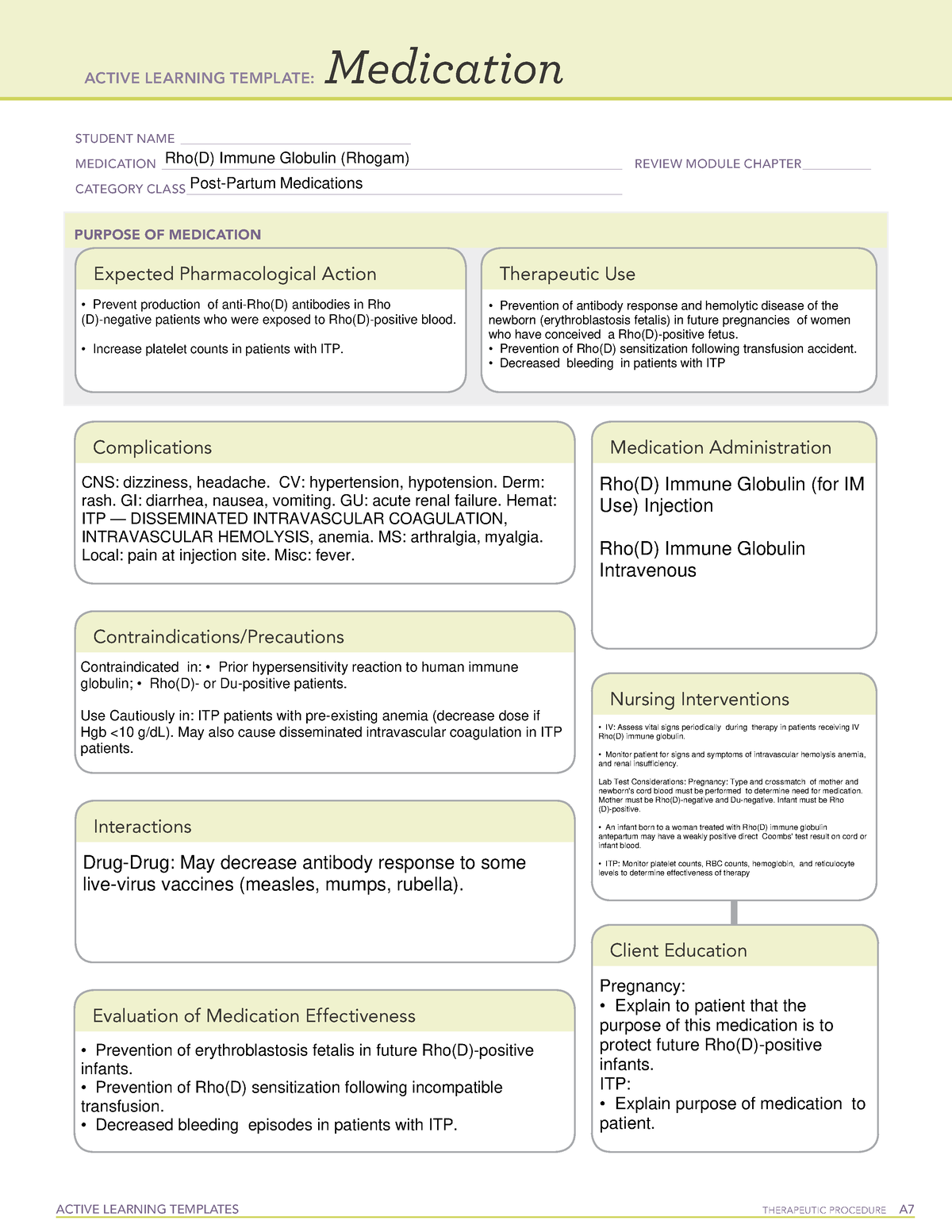 Rho(D) Immune Globulin (Rhogam) ACTIVE LEARNING TEMPLATES THERAPEUTIC