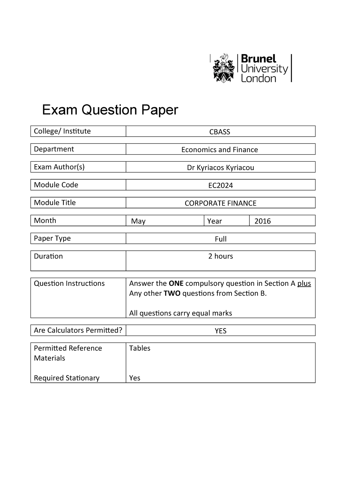 Corporate Finance Past Papers