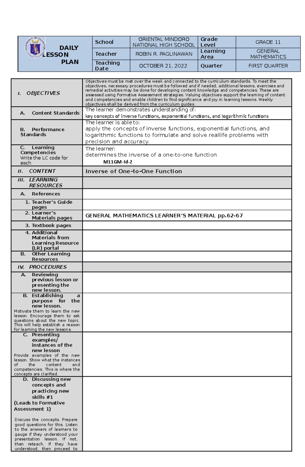 Lesson Plan-COT1 GEN. MATH - DAILY LESSON PLAN School ORIENTAL MINDORO ...